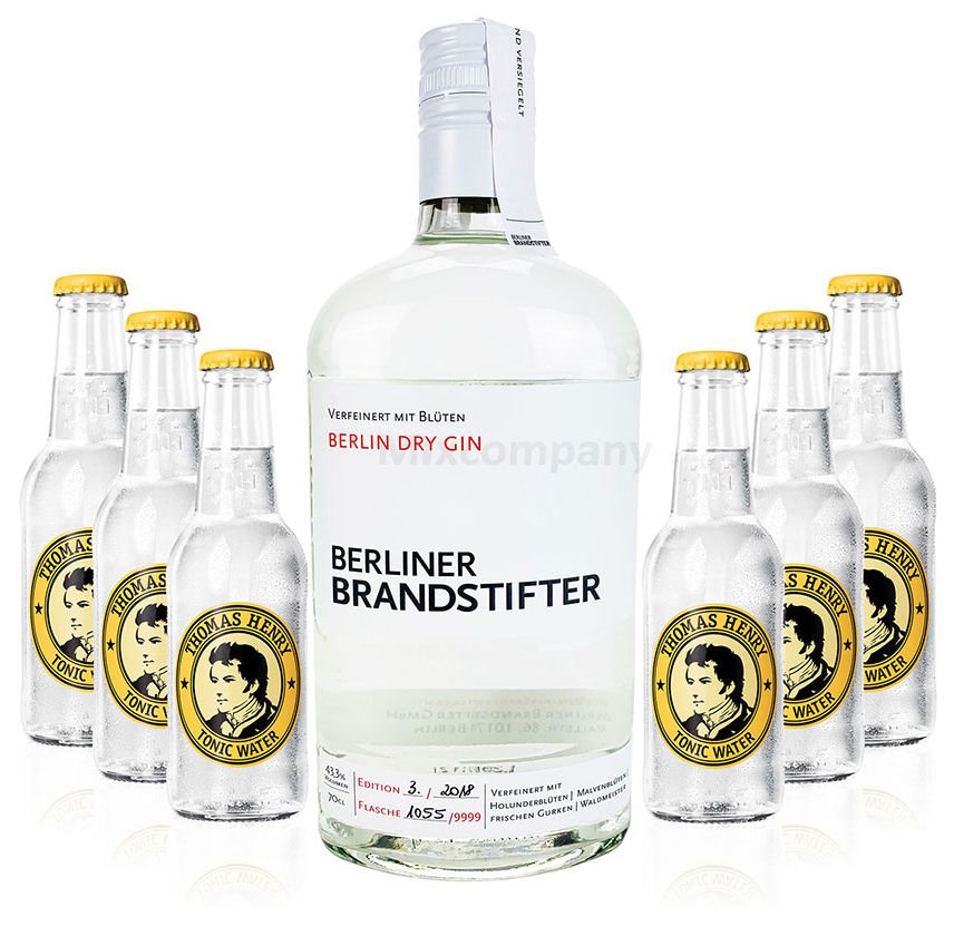 Brandstifter Berlin Dry Gin 0,7l (43,3% Vol) + 6x Thomas Henry Tonic Water  0,2l MEHRWEG Bar Longdrink Cocktail Sammlung Gin Tonic inkl. PFAND-  [Enthält Sulfite] | 6900
