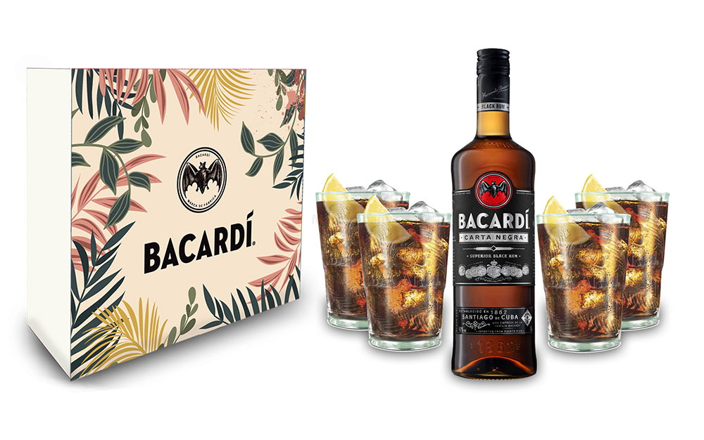 Bacardi Geschenkset - Bacardi Carta Negra Rum 0,7l 700ml (40% Vol) + 4er Set Gläser - Longdrink Glas- [Enthält Sulfite]