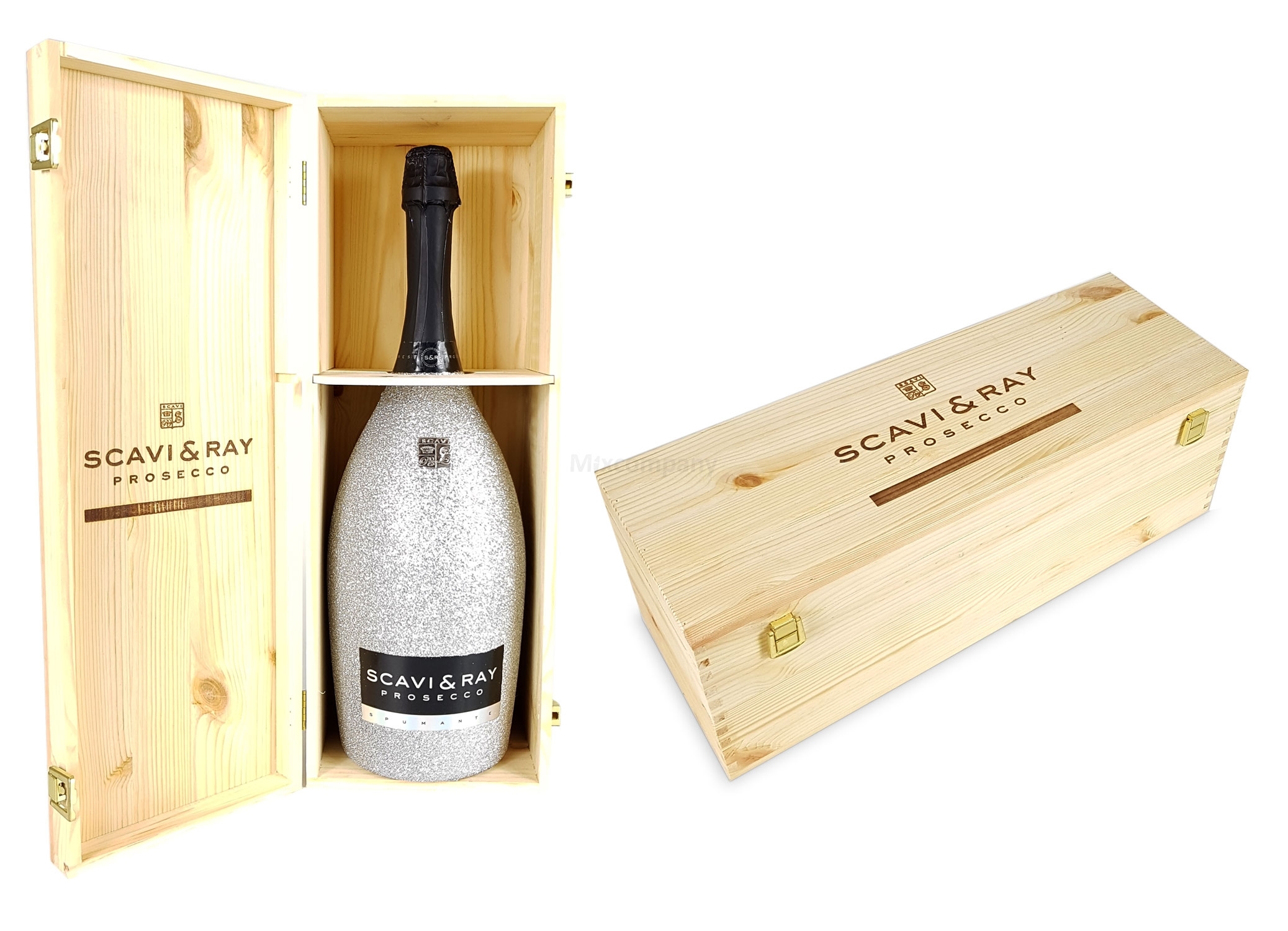 Scavi & Ray Prosecco Spumante Magnum 3l (11% Vol) Bling Bling Glitzerflasche Silber + Holzbox Holzkiste -[Enthält Sulfite]
