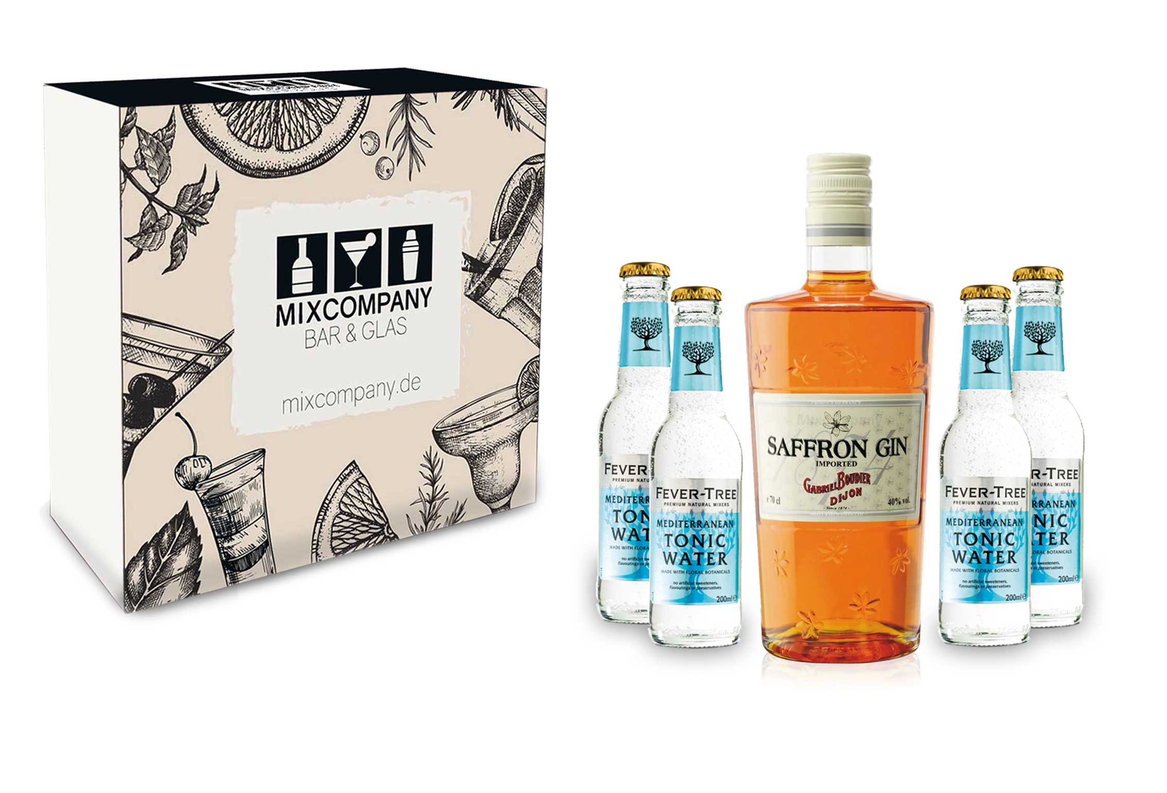 Saffron Geschenkset - Gin 0,7l 700ml (40% Vol) + 4x Fever Tree Mediterranean Tonic Water 200ml inkl. Pfand MEHRWEG + Geschenkverpackung