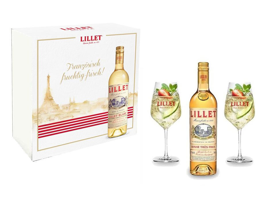 Lillet Schuber Geschenkset - Lillet Blanc Aperitiv de France 750ml (17% Vol)  + 2 Lillet Gläser | 1222