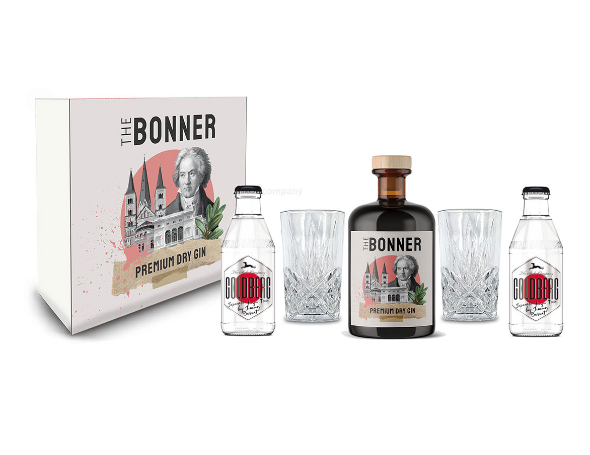 The Bonner Schuber Geschenkset - The Bonner Gin 0,5L (41% Vol) + 2x Longdrink Glas in Kristall Optik + 2x Goldberg Japanese Yuzu Tonic  200ml inkl. Pfand EINWEG - [Enthält Sulfite]