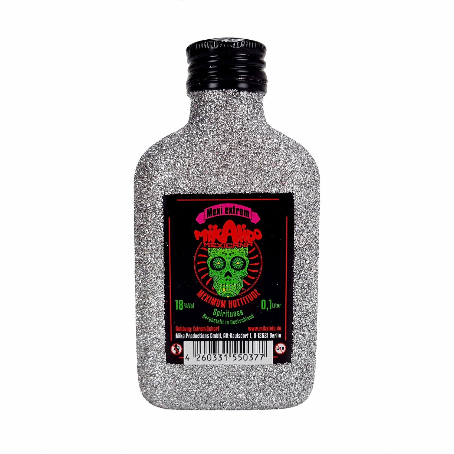 Mikalido Mexicana Mexi extrem scharf Spirituose 0,1l (18% Vol) Blin Bling Glitzerflasche in silber -[Enthält Sulfite]