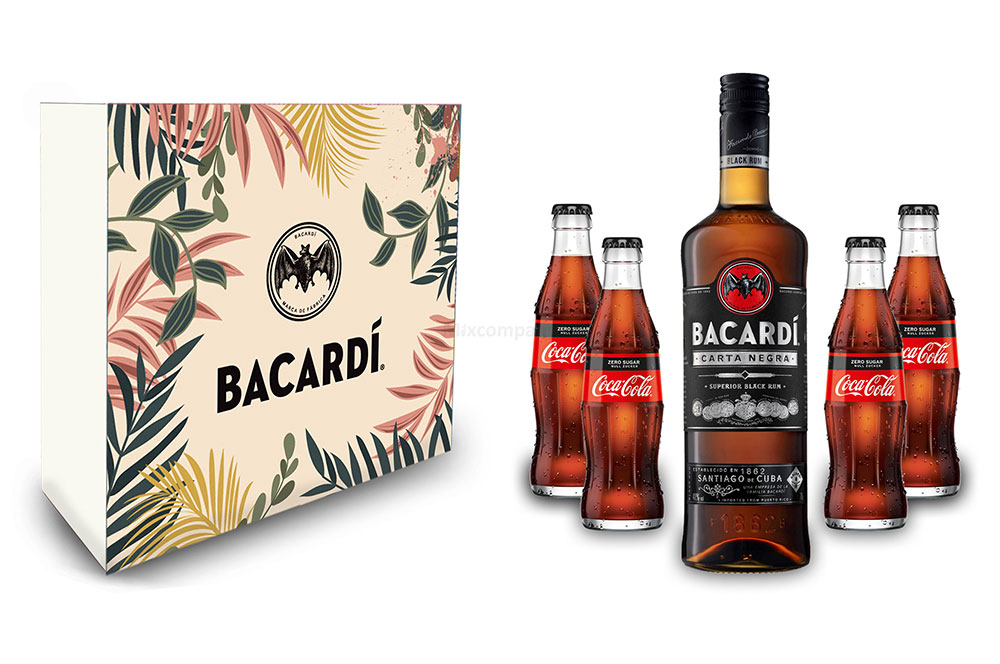 Bacardi Geschenkset - Bacardi Carta Negra Rum 0,7l 700ml (40% Vol) + 4x Cola ZERO 0,2L Inkl. Pfand MEHRWEG- [Enthält Sulfite]