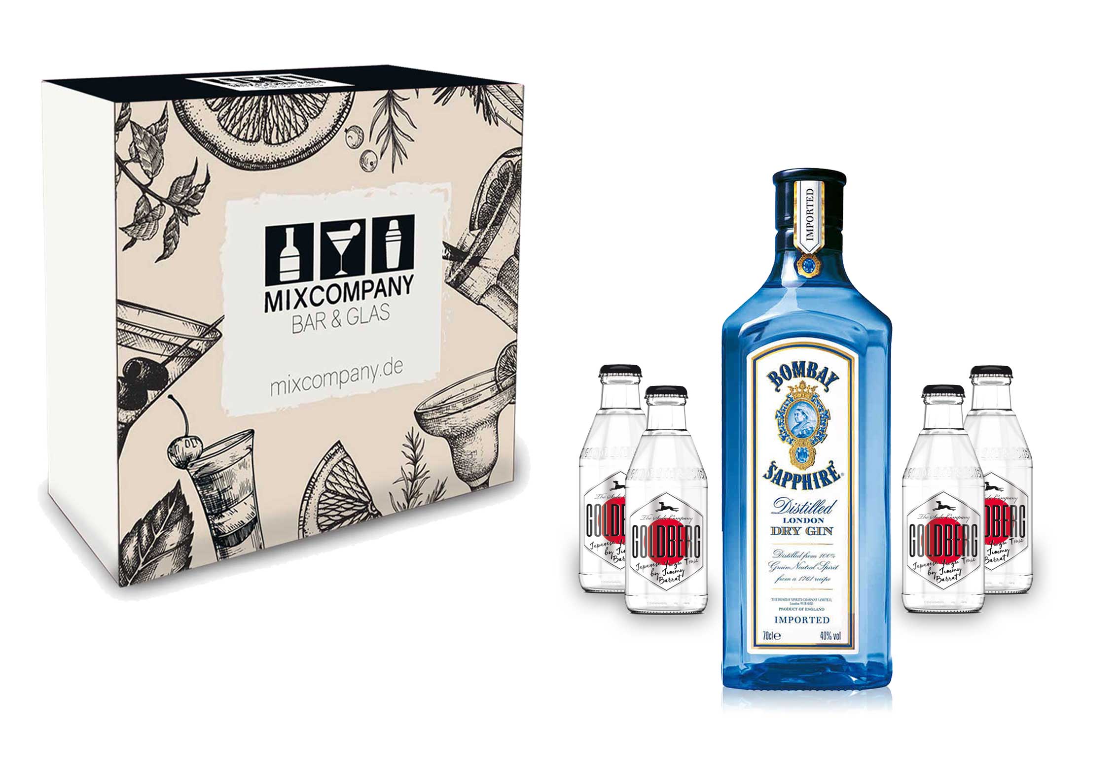 Gin Tonic Set Giftbox Geschenkset - Bombay Sapphire London Dry Gin 0,7l 700ml (40% Vol) + 4x Goldberg Japanese Yuzu Tonic Water 200ml inkl. Pfand MEHRWEG -[Enthält Sulfite]