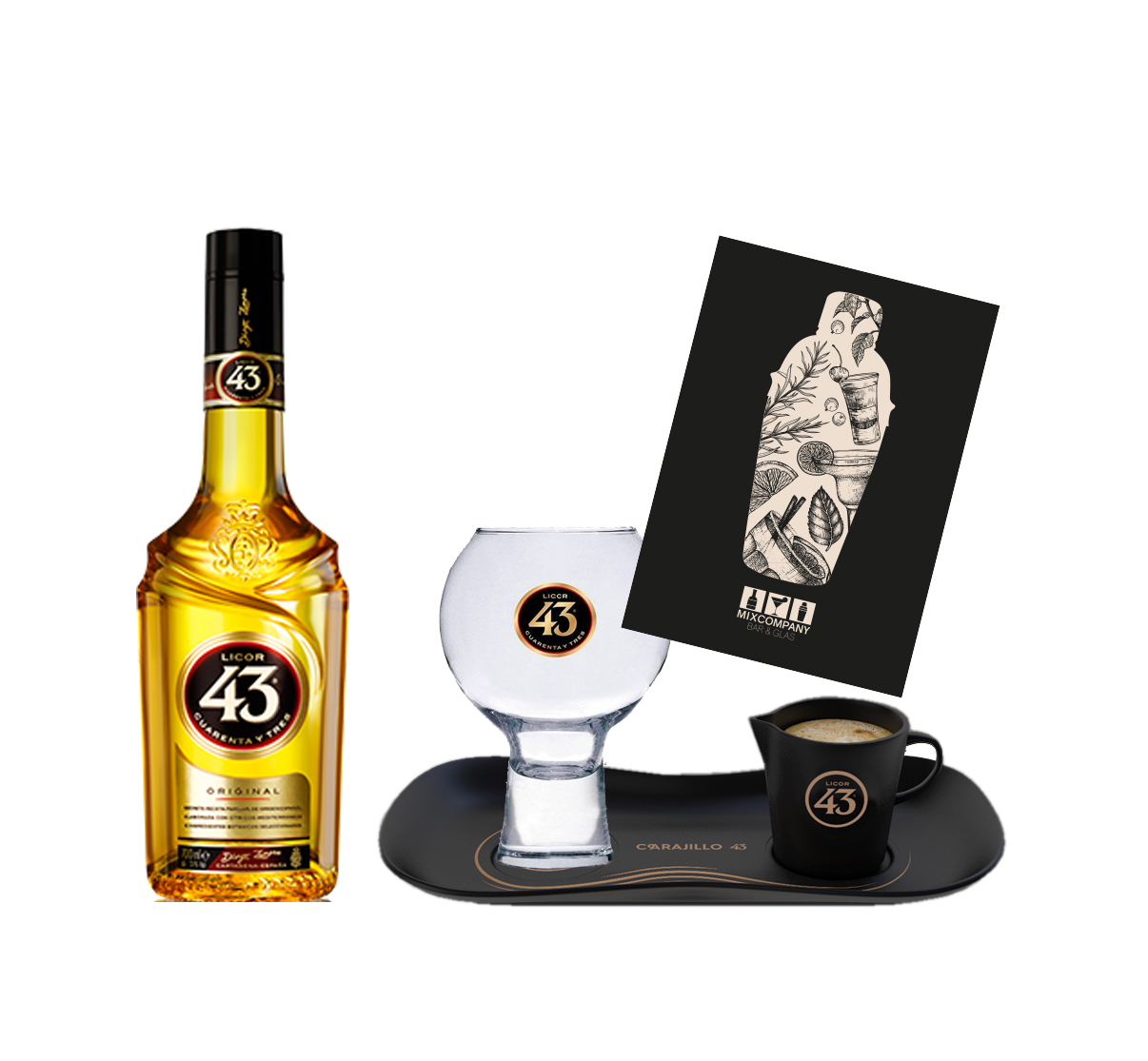 Licor 43 CARAJILLO Drink Licor 43 Original 0,7L (31% Vol) mit Espresso Service Set und Glas- Likör Liquor 43er logo Gold [Enthält Sulfite] Tablett