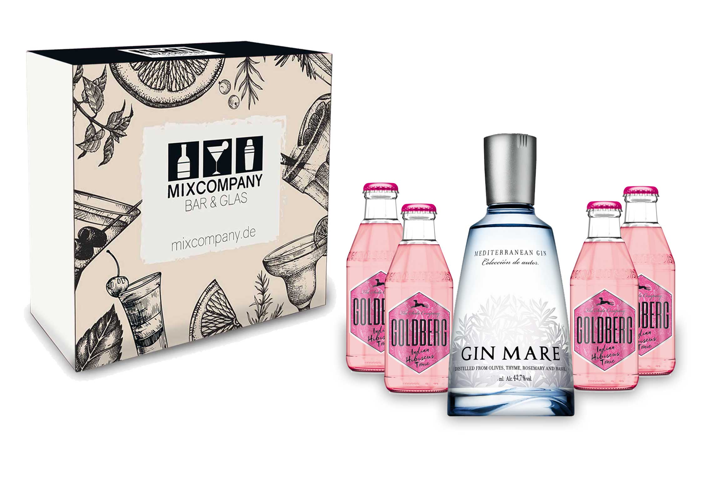 Gin Tonic Set Giftbox Geschenkset - Gin Mare Mediterranean Gin 0,7l 700ml (42,7% Vol) + 4x Goldberg Indian Hibiscus Tonic 200ml inkl. Pfand MEHRWEG -[Enthält Sulfite]