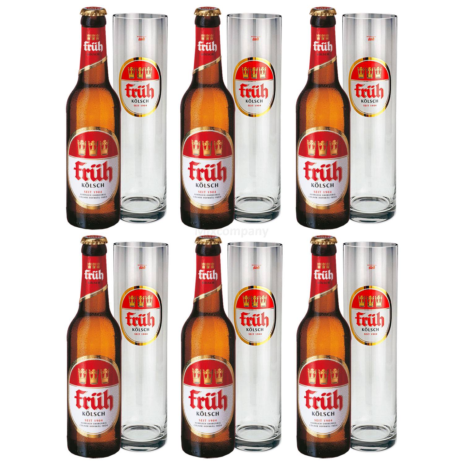 Früh Kölsch Set - 6x Früh Kölsch Bier 0,33L (4,8% Vol) + 6x Biergläser / Stangen 0,2L -[Enthält Sulfite] - Inkl. Pfand MEHRWEG