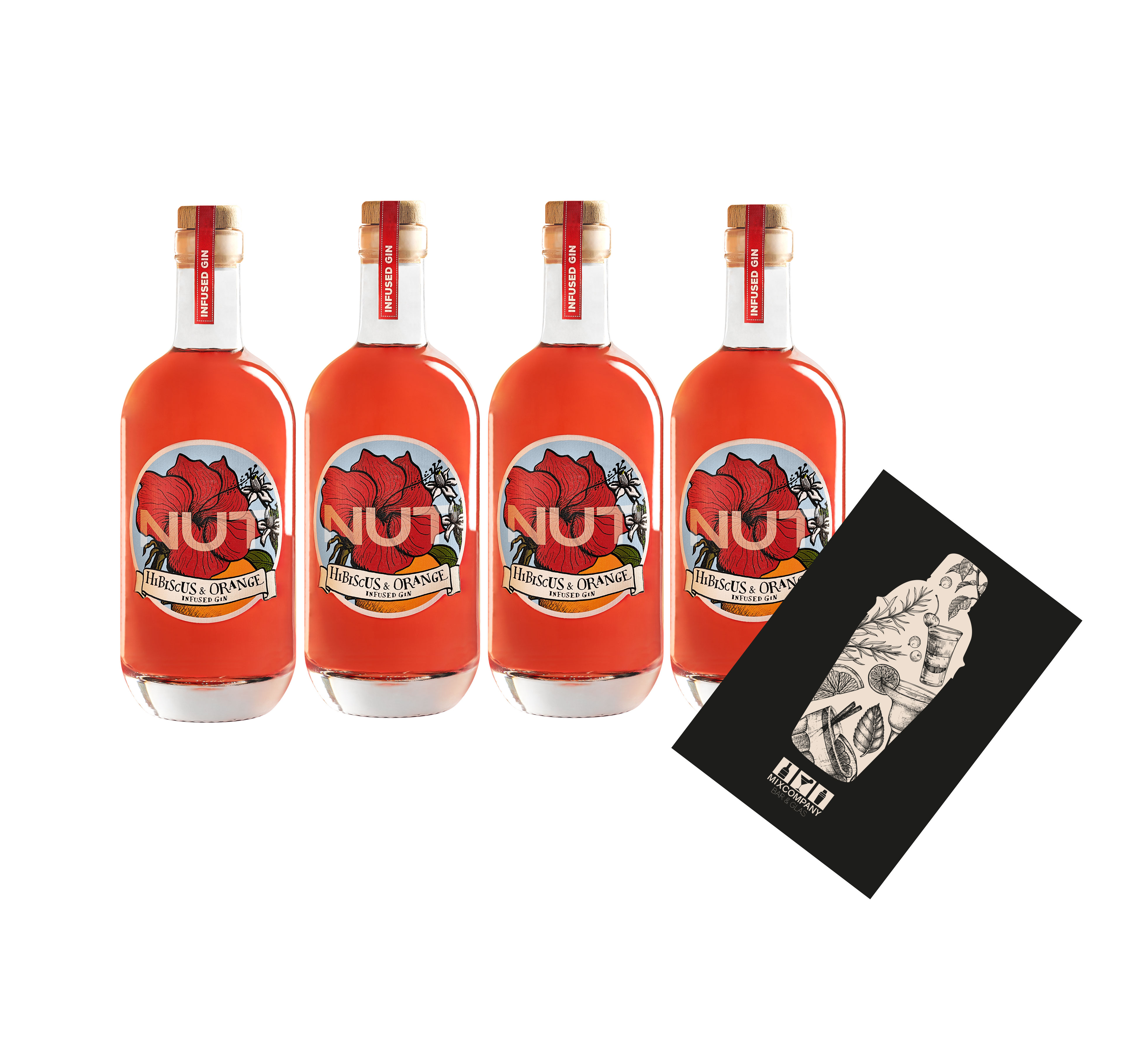 NUT 4er Set Infused Gin Hibiscus Orange 4x 0,7L (40% Vol) Hibiskus Orange Gin NUT Distillery- [Enthält Sulfite]
