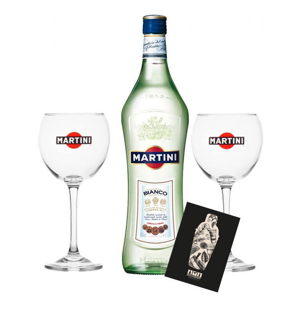 Martini Bianco 1,0 L (14,4% Vol) + 2x Martini Ballon Gläser Glas Bar Longdrink- [Enthält Sulfite]