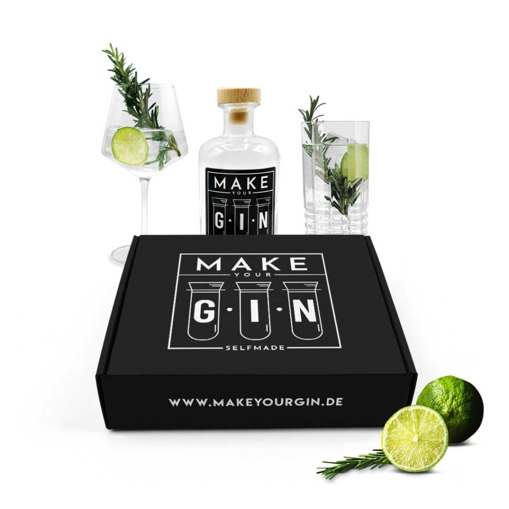 Longdrinkglas in Kristall Optik - 6er Set Gläser + Make Your Gin Geschenkset Geschenkbox Gin zum Selbermachen - 11 Botanicals + Bar Trichter + Anleitung mit Rezept