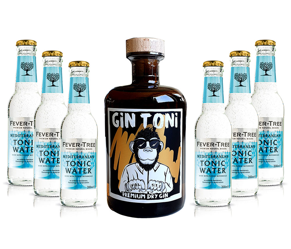Gin Tonic Set - Gin Toni Premium Dry Gin 0,5l (41% Vol) + 6x Fever-Tree Mediterranean Tonic Water 200ml inkl. Pfand MEHRWEG -[Enthält Sulfite]