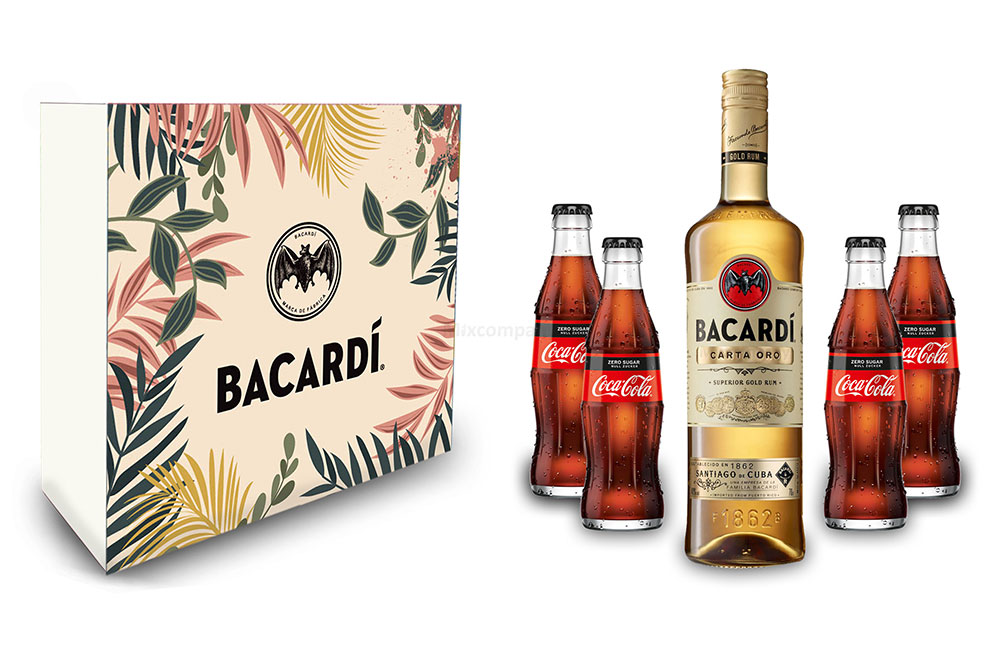 Bacardi Geschenkset - Bacardi Carta Oro Gold Rum 0,7l (40% Vol) + 4x Cola ZERO 0,2L Inkl. Pfand MEHRWEG- [Enthält Sulfite]