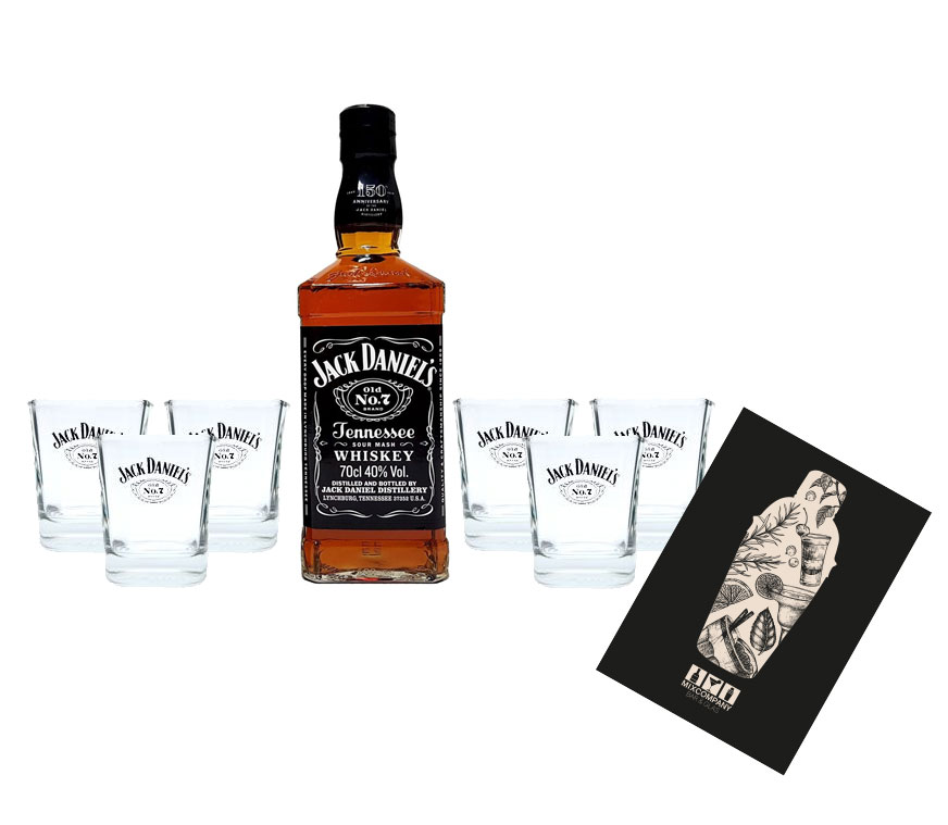 Jack Daniels Set Tennessee Whiskey Old No.7 0,7L (40% Vol) + 6x Tumbler Glas Jack Daniels - [Enthält Sulfite]