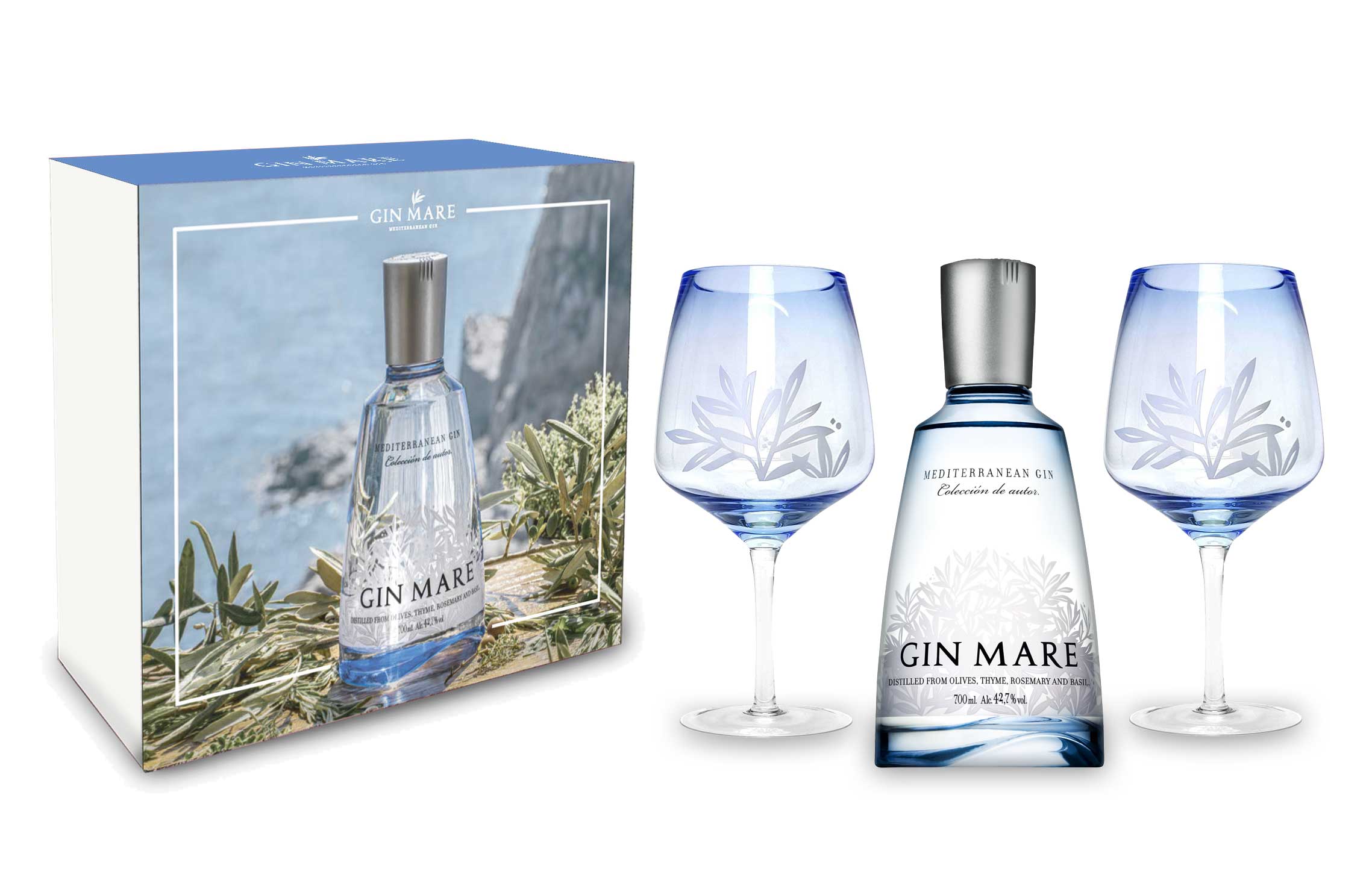 Gin Mare Schuber Geschenkset Mediterranean Gin 0,7L (42,7% Vol) + 2x Gin Mare Ballonglas / 2er Gläser Set - [Enthält Sulfite]