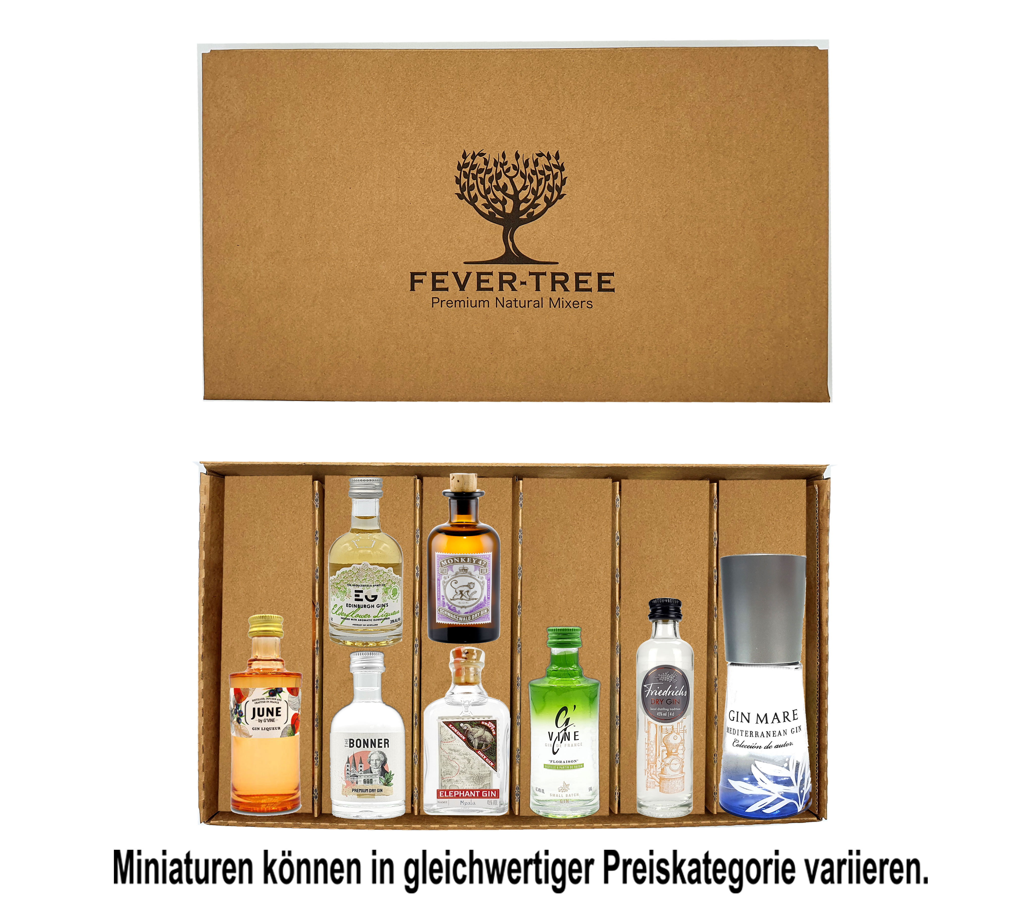 Gin Probierset Geschenkset - 8x verschiedene Gin Minis + Fever-Tree Geschenkbox