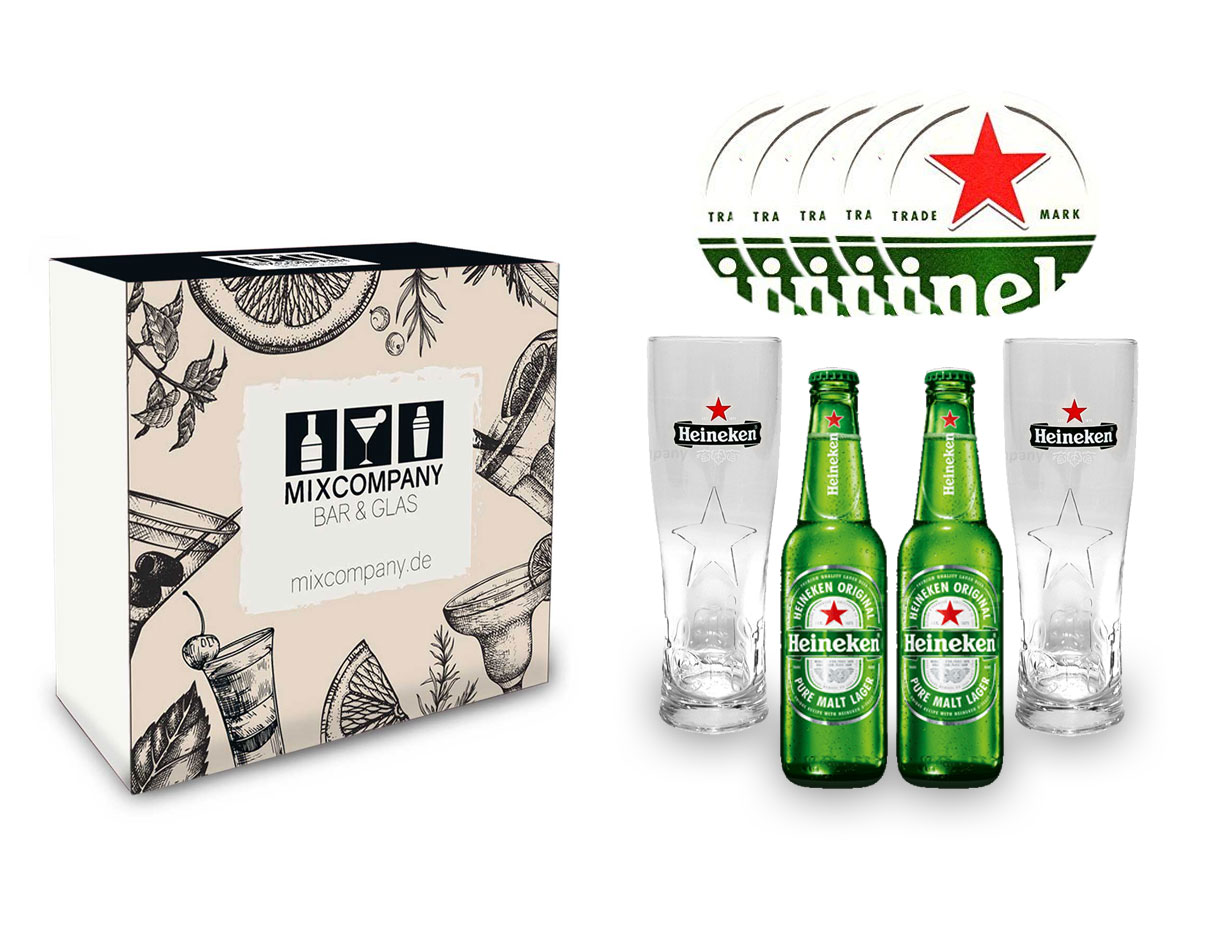 Heineken Pils Set / Geschenkset - 2x Heineken Pils 250ml (5% Vol) + 2x Heineken Gläser + 10x Heineken Bierdeckel - Inkl. Pfand MEHRWEG