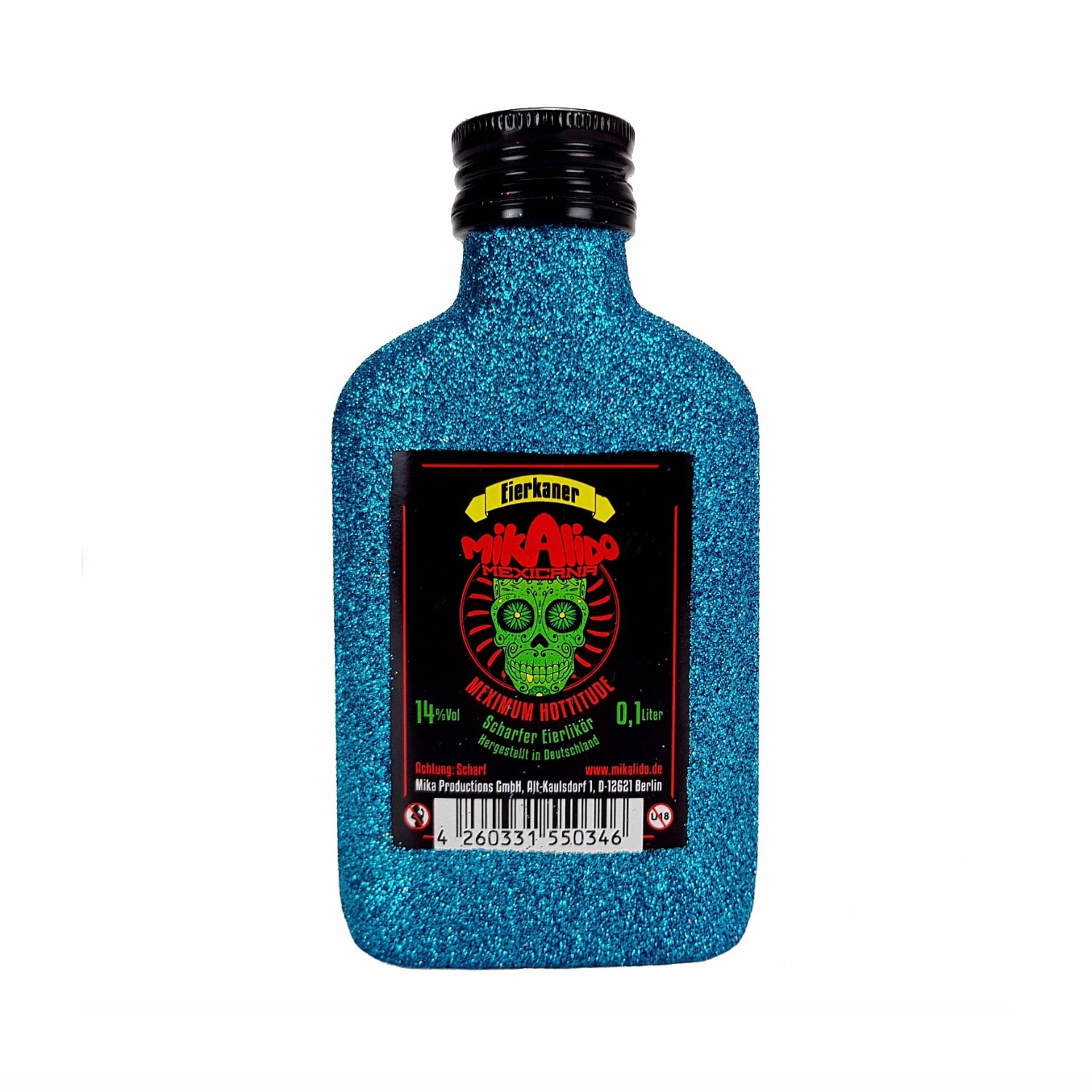 Mikalido Mexicana Eierkaner Scharfer Eierlikör 0,1l (14% Vol) Blin Bling Glitzerflasche in blau -[Enthält Sulfite]