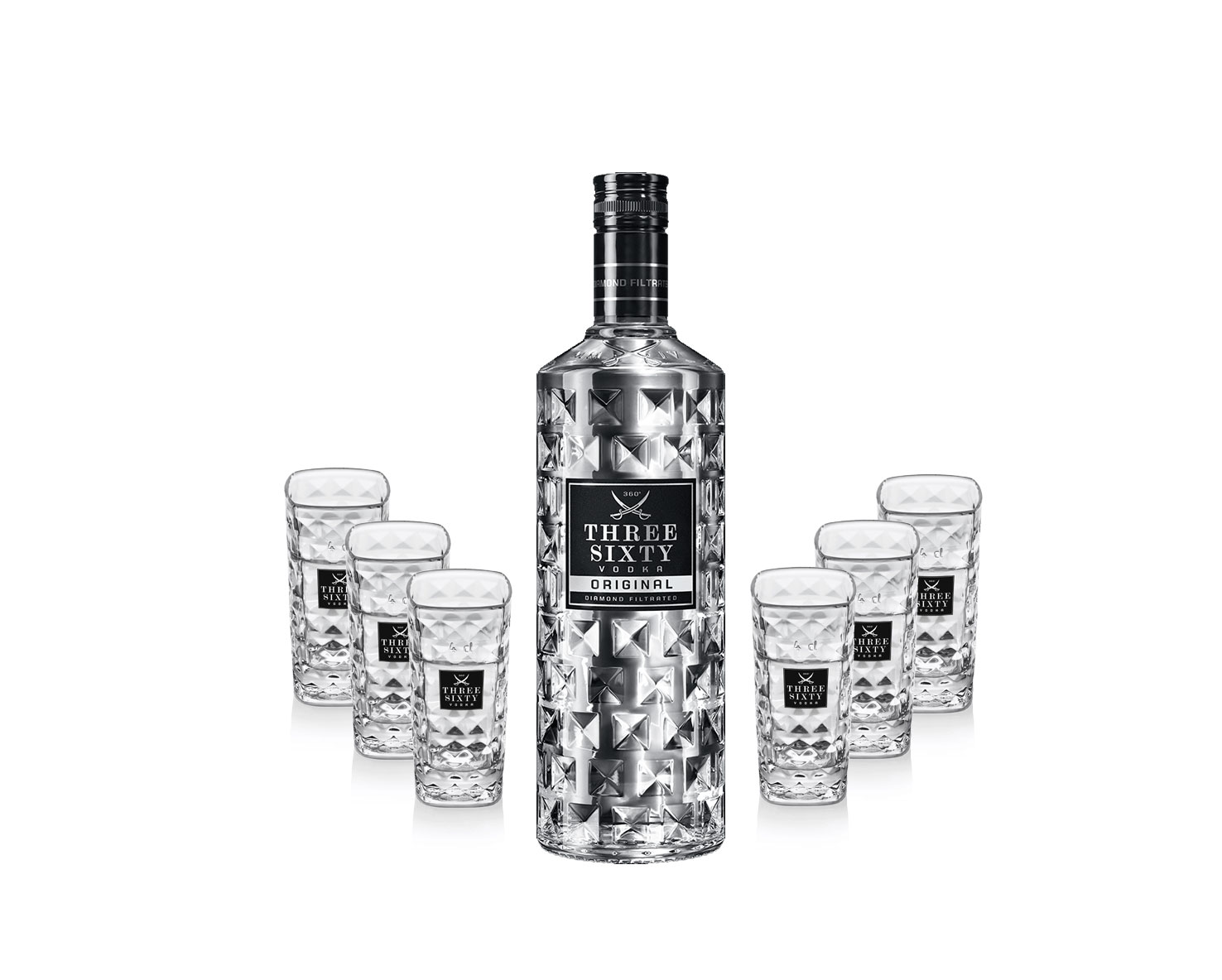 Three Sixty Set Geschenkset - Three Sixty Vodka Wodka 1L 1000ml (37,5% Vol)  + 6x Shotgläser Glas 2 und 4cl geeicht- [Enthält Sulfite] | 8351