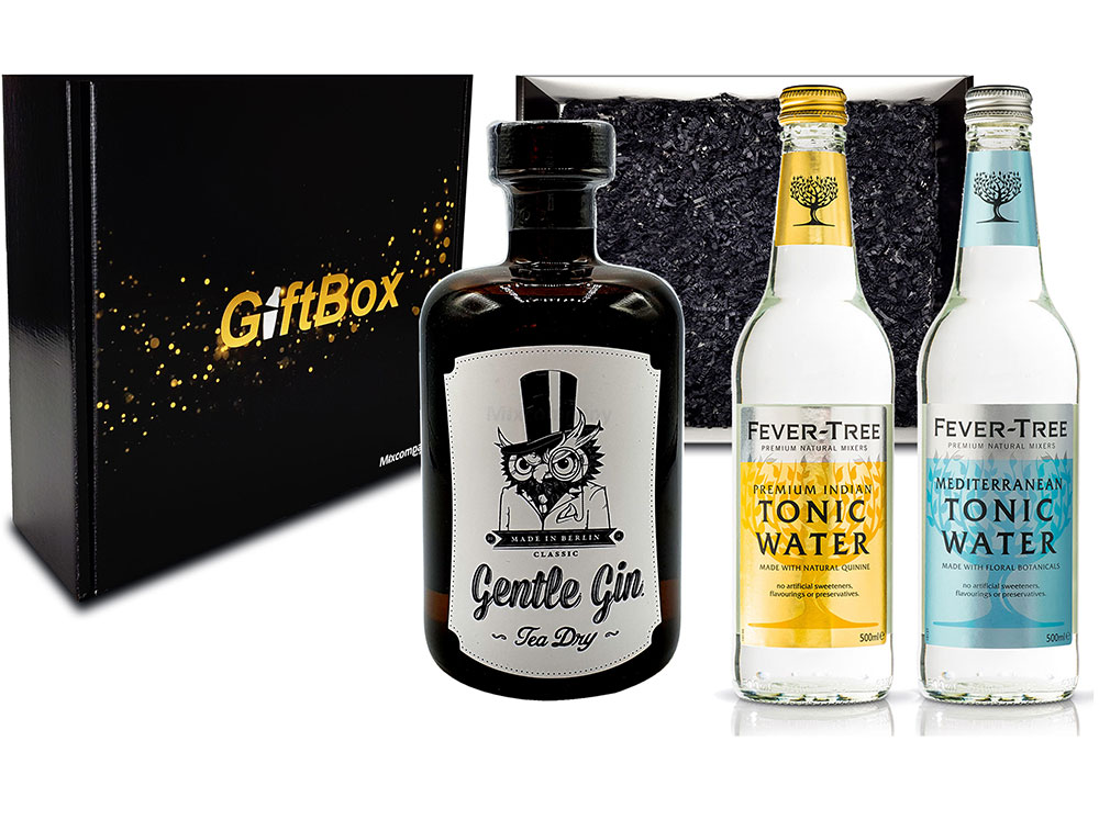 Mixcompany Giftbox - Gin Tonic Set - Gentle Gin Tea Dry 0,5l (47% Vol) + 1x Fever-Tree Indian Tonic Water + 1x Fever-Tree Mediterranean Tonic Water a 500ml inkl. Pfand MEHRWEG - in Geschenkverpackung- [Enthält Sulfite]