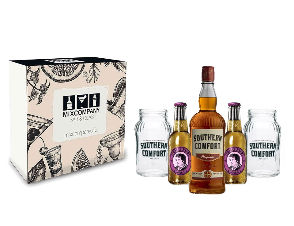 Southern Comfort Whiskey Set / Geschenkset - Southern Comfort Whiskey 0,7l 700ml (35% Vol) + 2x Thomas Henry Ginger Ale 200ml +2x Longdrinkglas - Inkl. Pfand MEHRWEG