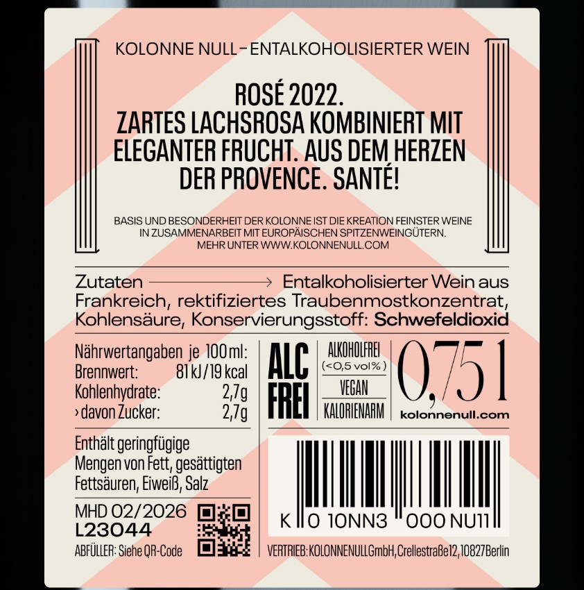 Rosé Wein alkoholfrei (4x 0,75 L) KOLONNE NULL |  Rosé aus der Provence trocken & ohne Alkohol| Vegan & kalorienarm