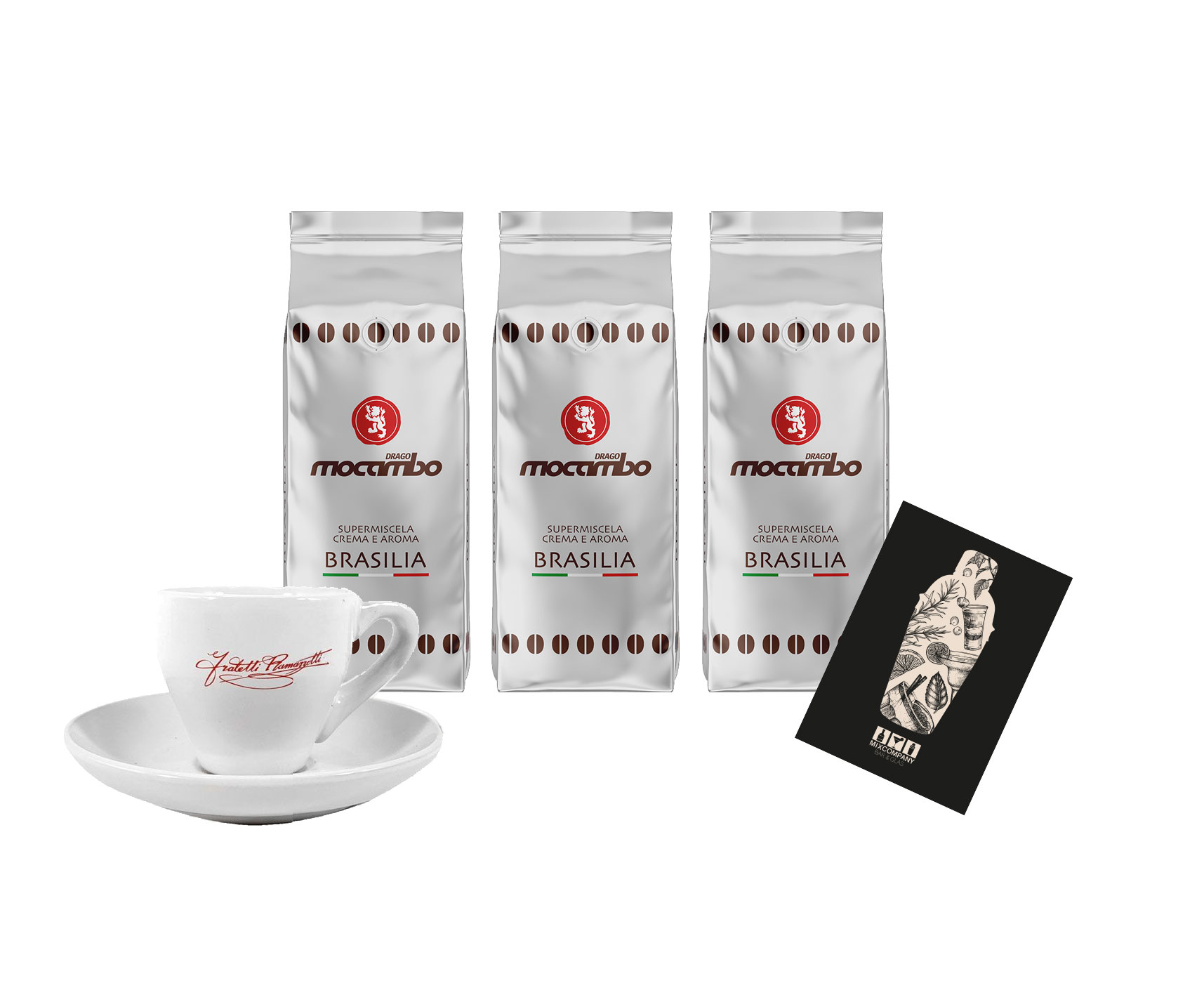 Drago Mocambo Brasilia 3x 1Kg Kaffee Caffé Bohne Dark Roast + 1x Ramazzotti Espresso Tasse Gratis