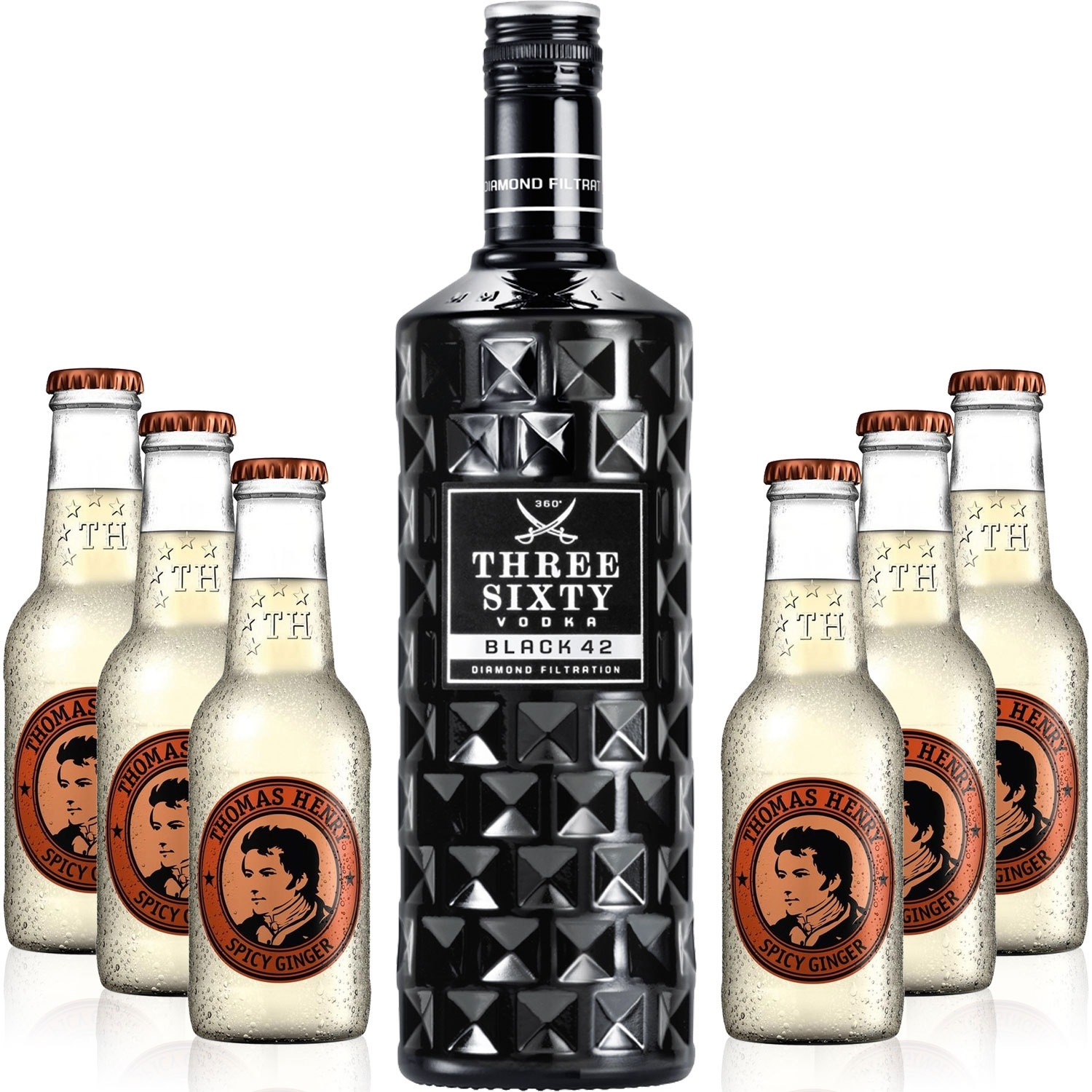Three Sixty Moscow Mule Set - Three Sixty Black 42 Vodka 0,7l 700ml (42% Vol) + 6x Thomas Henry Spicy Ginger 200ml -[Enthält Sulfite] - Inkl. Pfand MEHRWEG