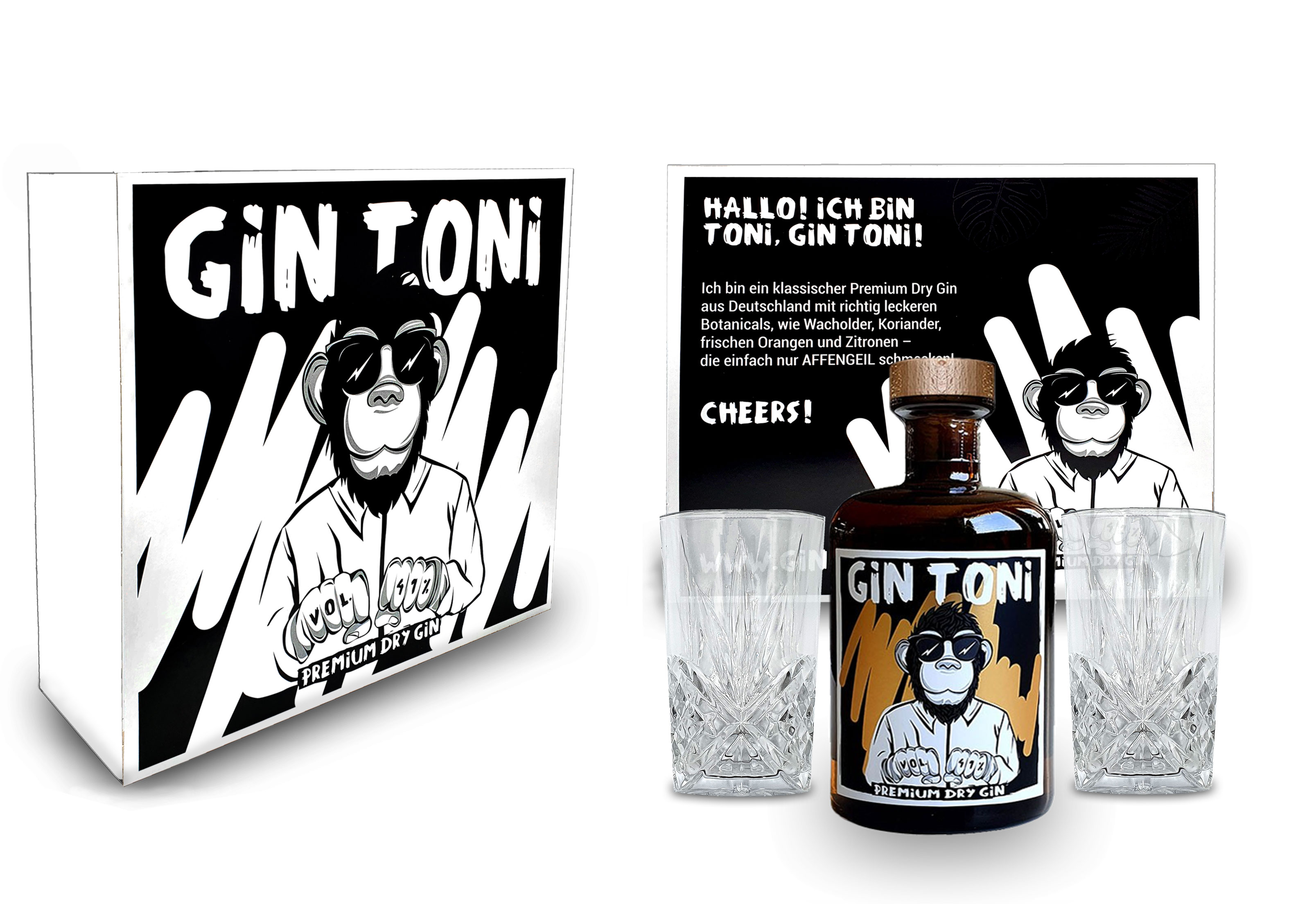 Gin Tonic Giftbox Geschenkset - Affengeiler Gin - Gin Toni Premium Dry Gin 0,5l (41% Vol) + 2x Longdrink Glas in Kristall Optik- [Enthält Sulfite]