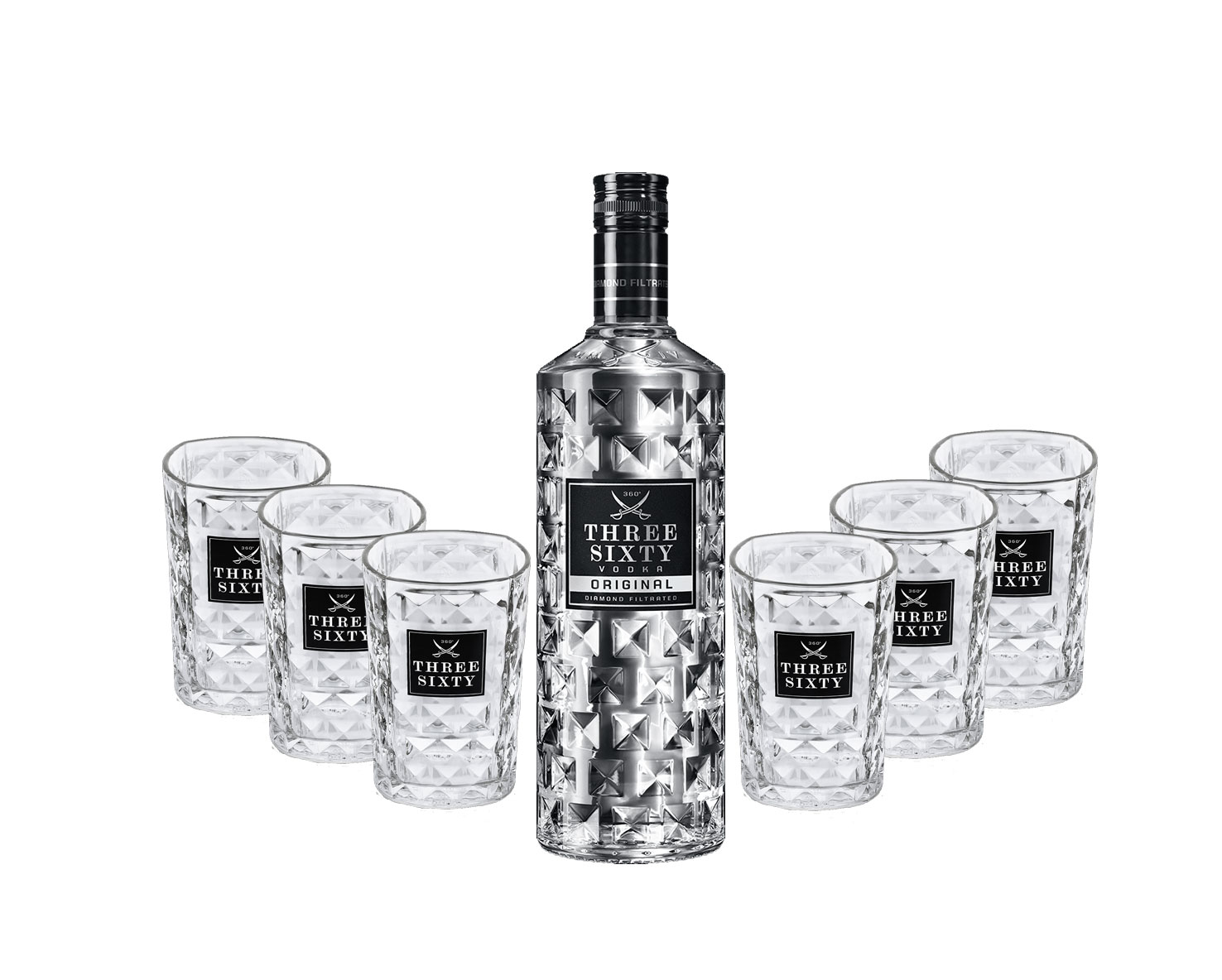 Three Sixty Set Geschenkset - Three Sixty Vodka Wodka 1L 1000ml (37,5% Vol) + 6x Tumbler 0,2l 200ml Facettenschliff Glas- [Enthält Sulfite]