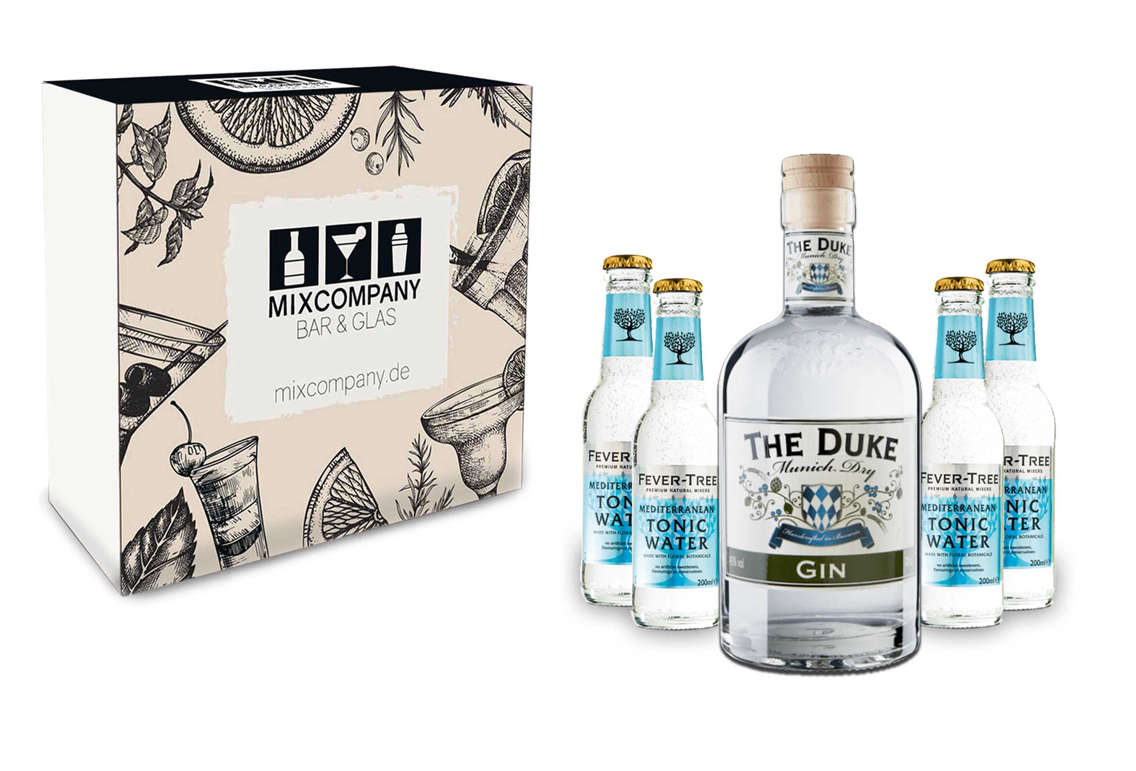 The Duke Geschenkset - Munich Dry Gin 0,7l 700ml (45% Vol) + 4x Fever Tree Mediterranean Tonic Water 200ml inkl. Pfand MEHRWEG + Geschenkverpackung
