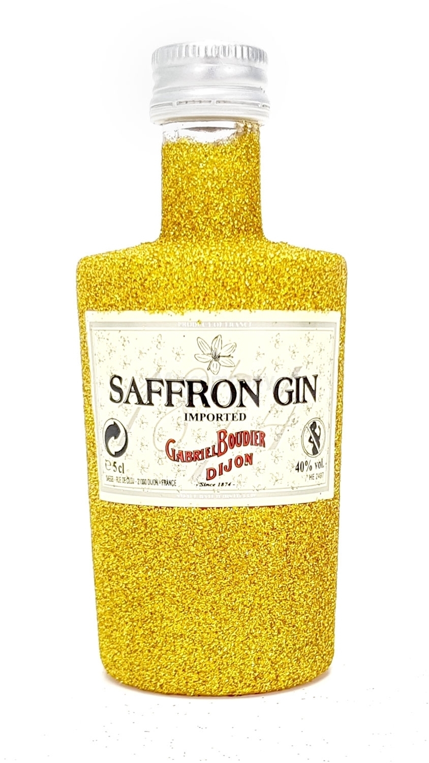 Saffron Gin Mini 50ml (40% Vol) - Bling Bling Glitzer Glitzerflasche Flaschenveredelung für besondere Anlässe - Gold -[Enthält Sulfite]