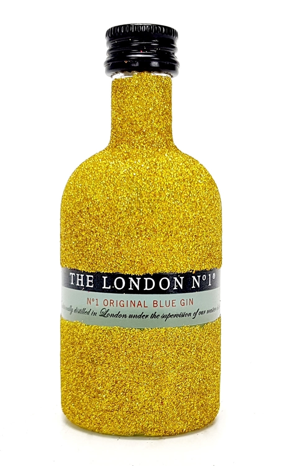 The London N1 Blue Gin Mini 50ml (47% Vol) - Bling Bling Glitzer Glitzerflasche Flaschenveredelung für besondere Anlässe - Gold -[Enthält Sulfite]