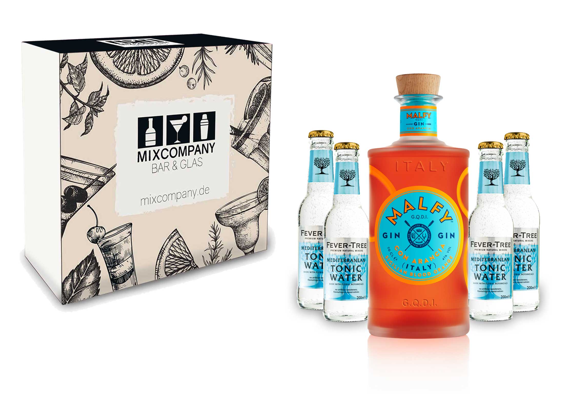 Malfy Gin Tonic Geschenkbox Set - Malfy Gin con Arancia (Blutorange) 0,7l - 700ml (41% VOL) + 4x Fever-Tree Mediterranean Tonic Water 200ml inkl. Pfand MEHRWEG- [Enthält Sulfite]