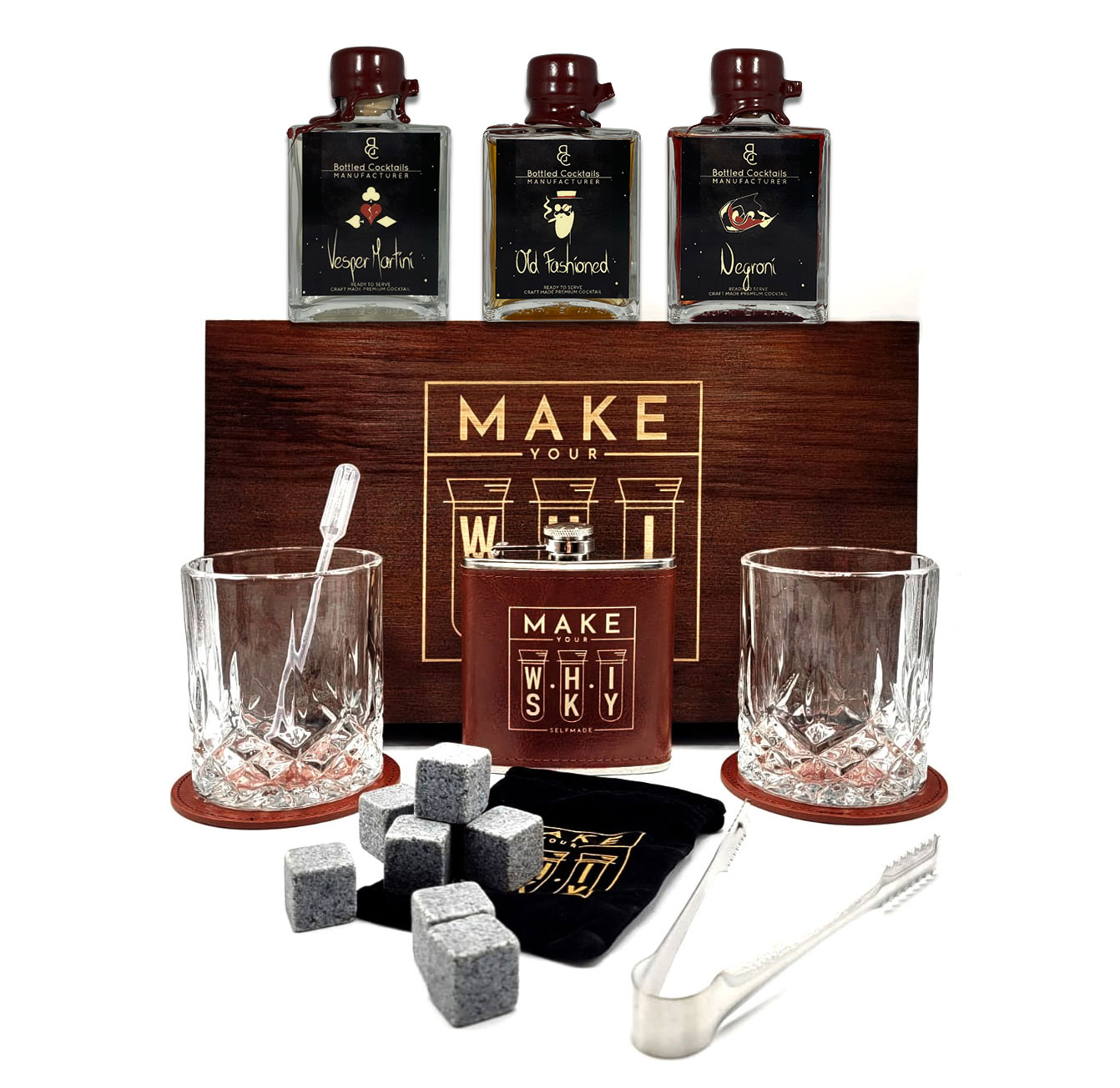 Make your Whisky Set Geschenkset in Holzbox mit 3er Set Fertigcocktails Negroni (24,13% Vol) Old Fashioned (23,96% Vol) Vesper Martini (24,13% Vol) je 100ml - [Enthält Sulfite]