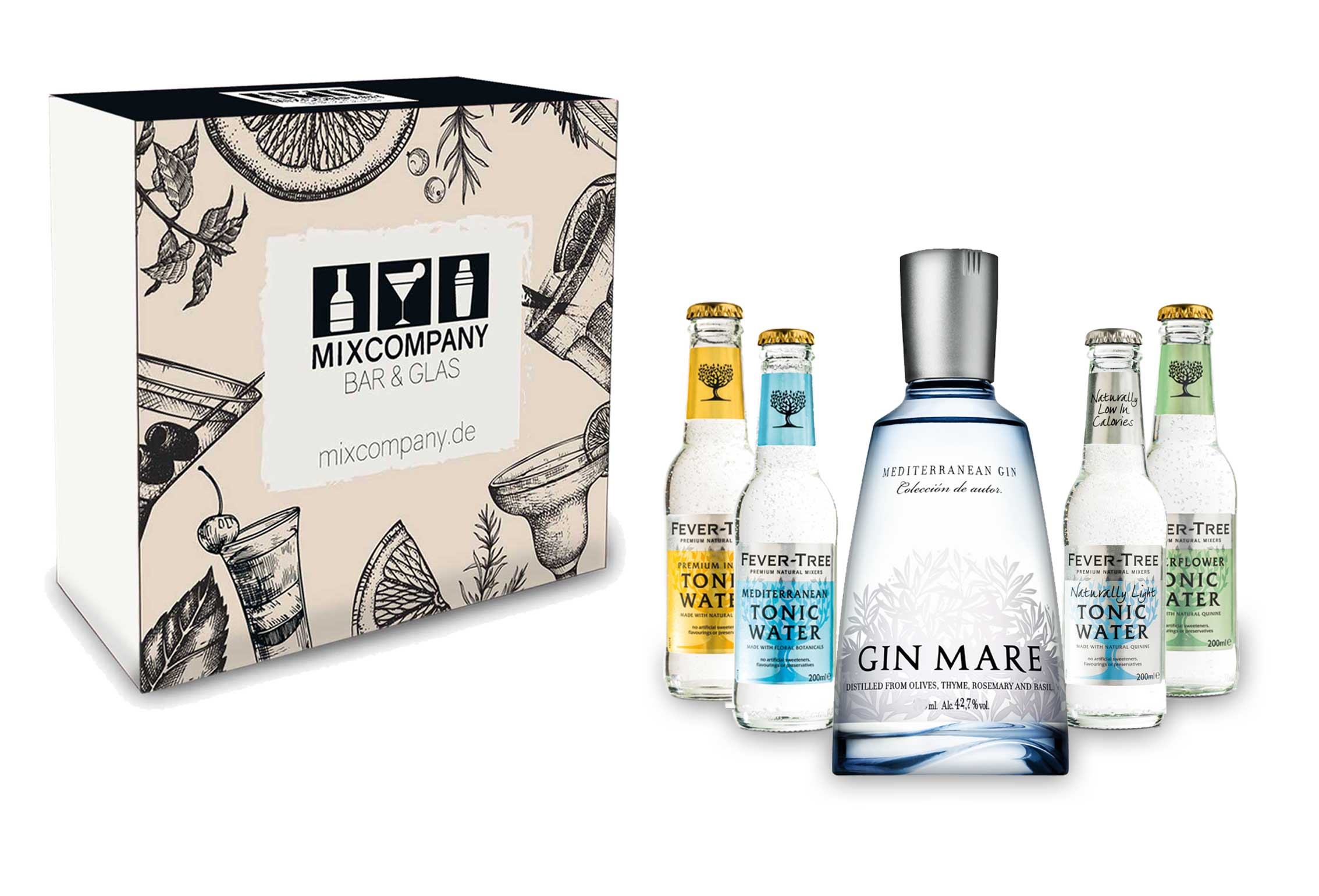 Gin Tonic Set Giftbox Geschenkset - Gin Mare Mediterranean Gin 0,5l (42,7% Vol) + 4x Fever Tree Tonic Water Mix je 200ml inkl. Pfand MEHRWEG -[Enthält Sulfite]