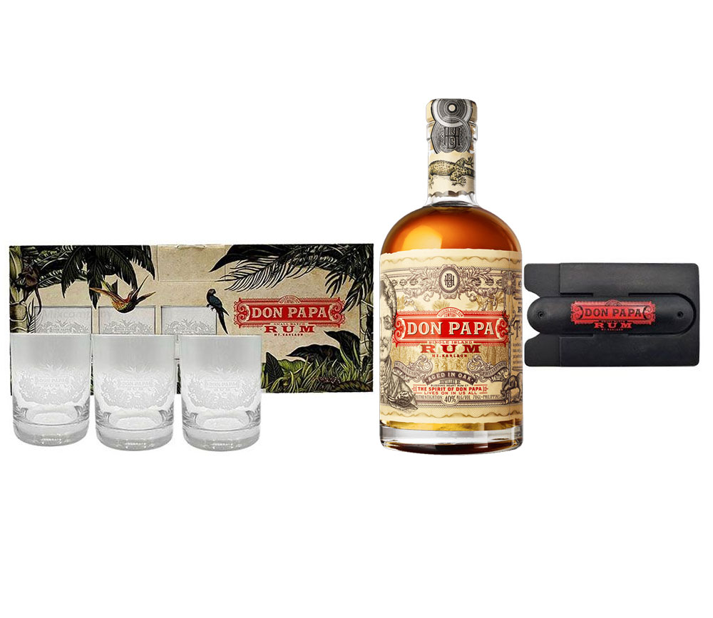 Don Papa Rum 0,7l (40% Vol) + 3 Tumbler / Gläser / Longdrinkglas mit Verpackung + Handy Karten/Halterung zum Aufkleben [Enthält Sulfite]