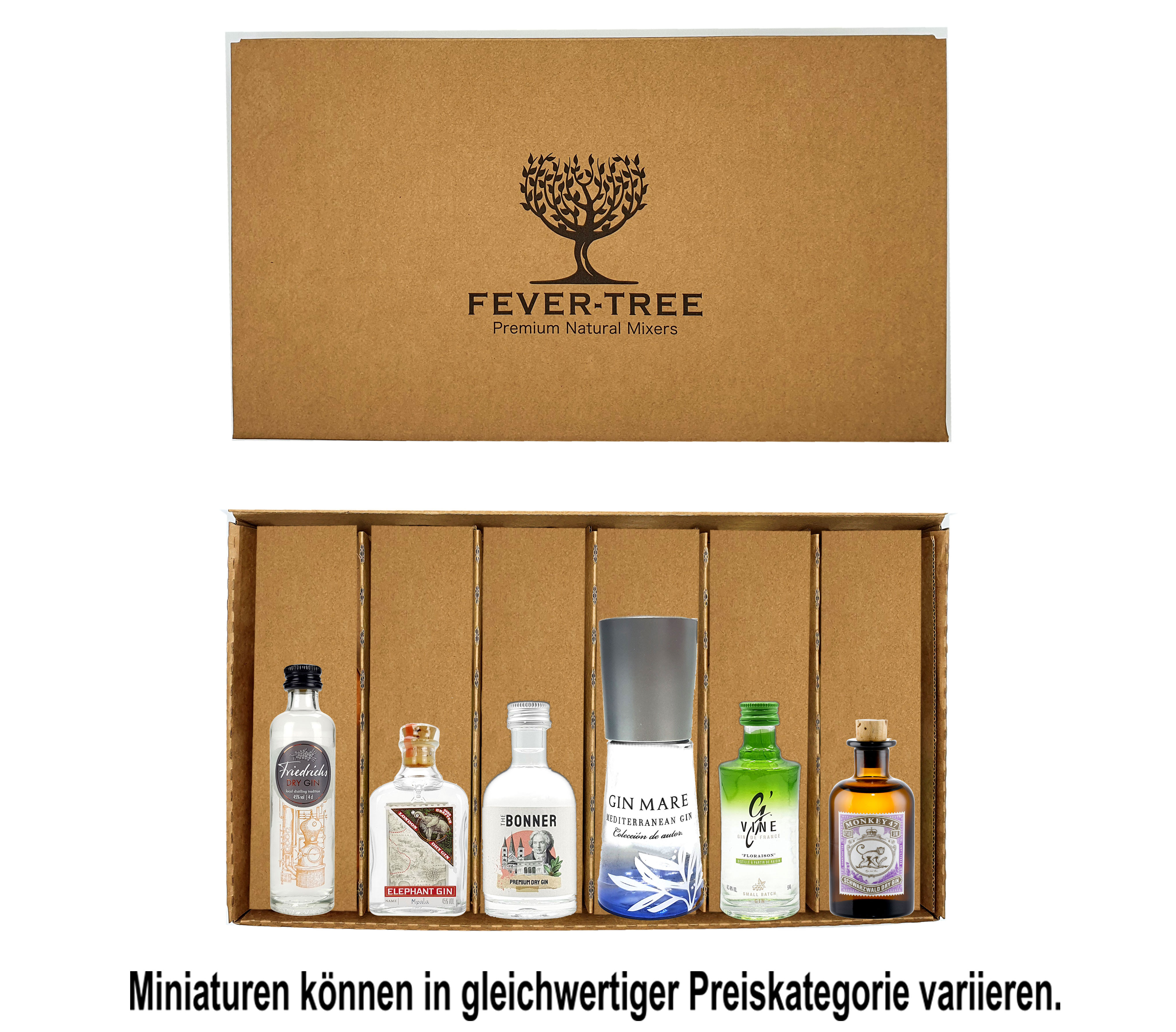 Gin Probierset Geschenkset - 6x verschiedene Gin Minis (Elephant, Gin Mare, Monkey, The Bonner, GVine, Friedrichs) + Fever-Tree Geschenkbox