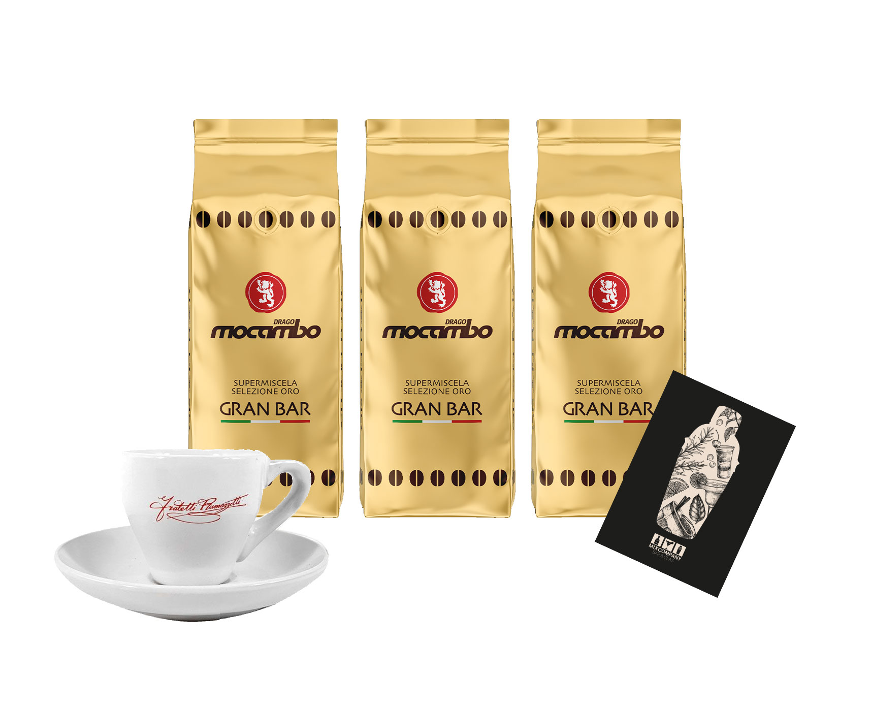 Drago Mocambo Gran Bar 3x 1Kg Kaffee Caffé Bohne Light Roast + 1x Ramazzotti Espresso Tasse Gratis