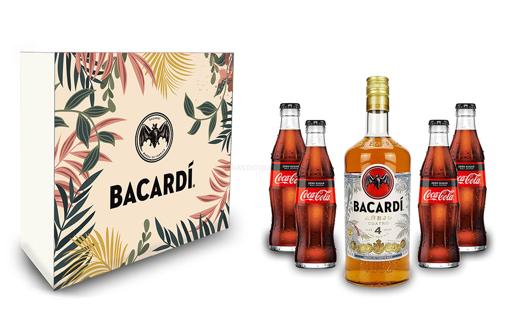 Bacardi Geschenkset - Bacardi Anejo Cuatro 4 Jahre Rum 0,7l 700ml (40% Vol) + 4x Cola ZERO 0,2L Inkl. Pfand MEHRWEG- [Enthält Sulfite]
