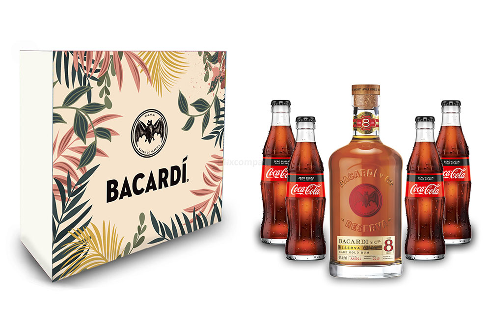 Bacardi Geschenkset - Bacardi Ron 8 Anos Gran Reserva 8 Jahre Rum 0,7l (40% Vol) + 4x Cola ZERO 0,2L Inkl. Pfand MEHRWEG- [Enthält Sulfite]