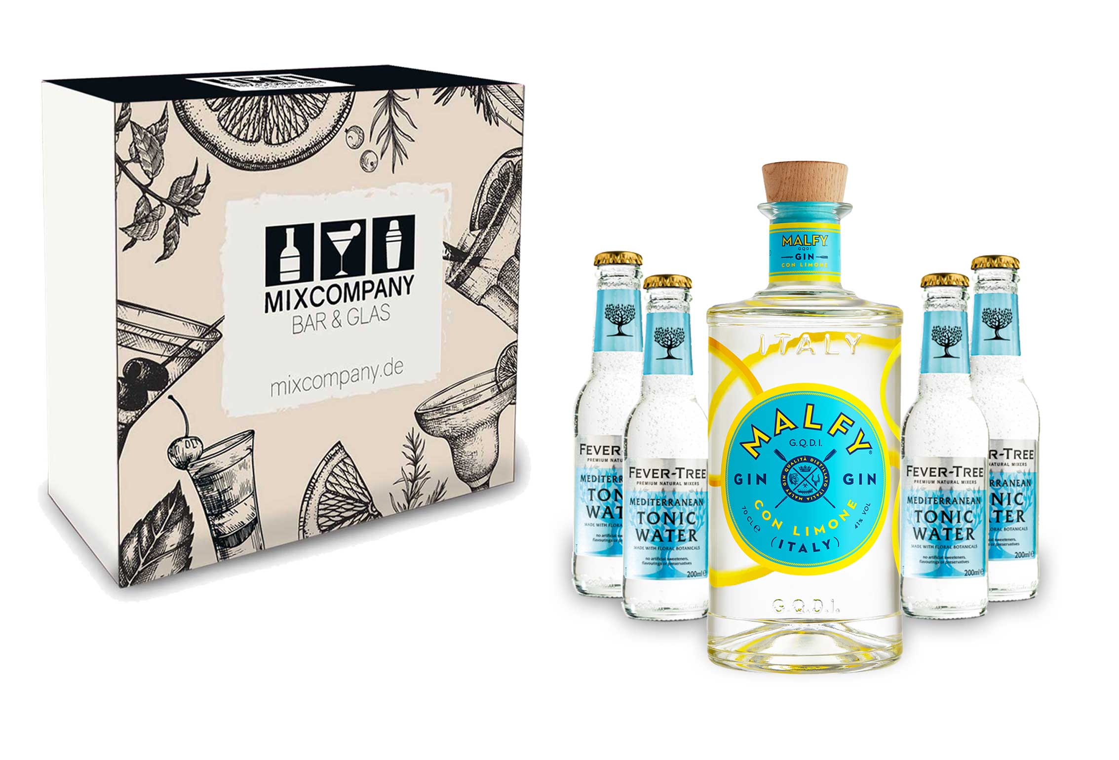 Malfy Gin Tonic Giftbox Set - Malfy Gin con Limone (Zitrone) 0,7l - 700ml (41% VOL) + 4x Fever-Tree Mediterranean Tonic Water 200ml inkl. Pfand MEHRWEG- [Enthält Sulfite]