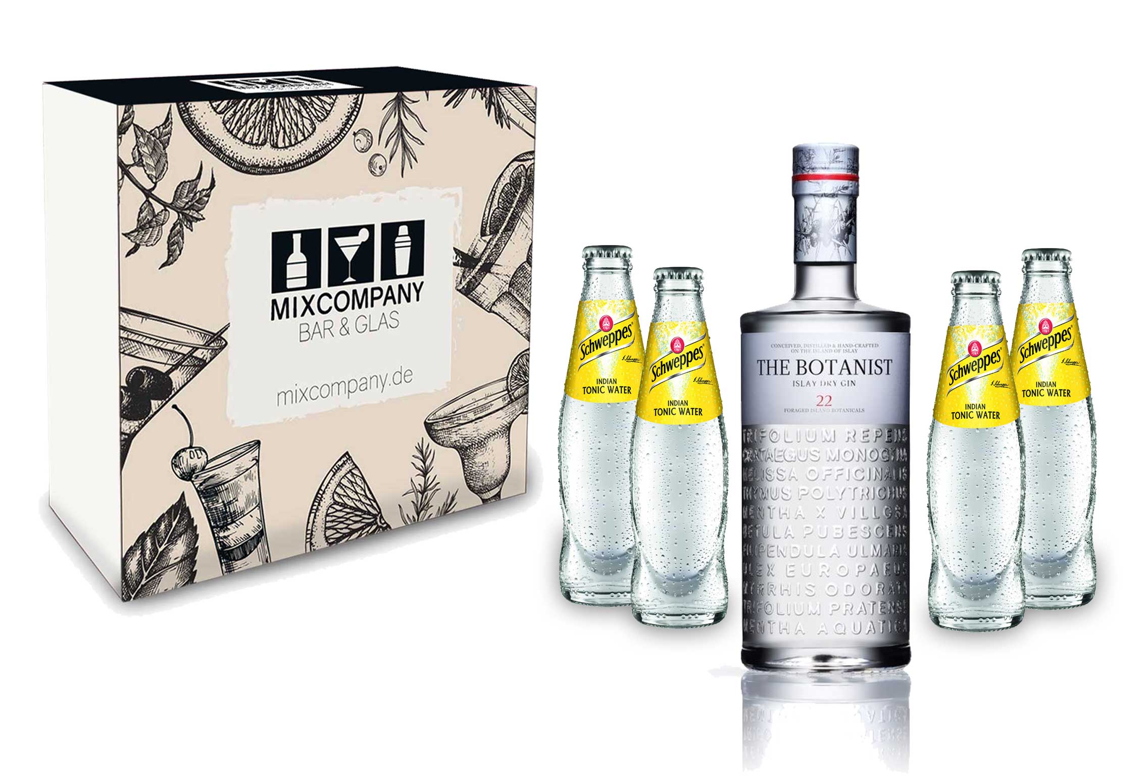 Gin Tonic Giftbox Geschenkset - The Botanist Islay Dry Gin 0,7l 700ml (46% Vol) + 4x Schweppes Tonic Water 200ml inkl. Pfand MEHRWEG + Geschenkverpackung