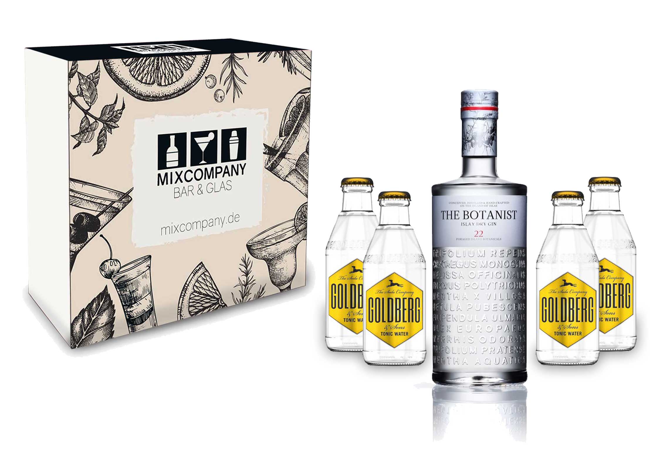 Gin Tonic Giftbox Geschenkset - The Botanist Islay Dry Gin 0,7l 700ml (46% Vol) + 4x Goldberg Tonic Water 200ml inkl. Pfand MEHRWEG + Geschenkverpackung