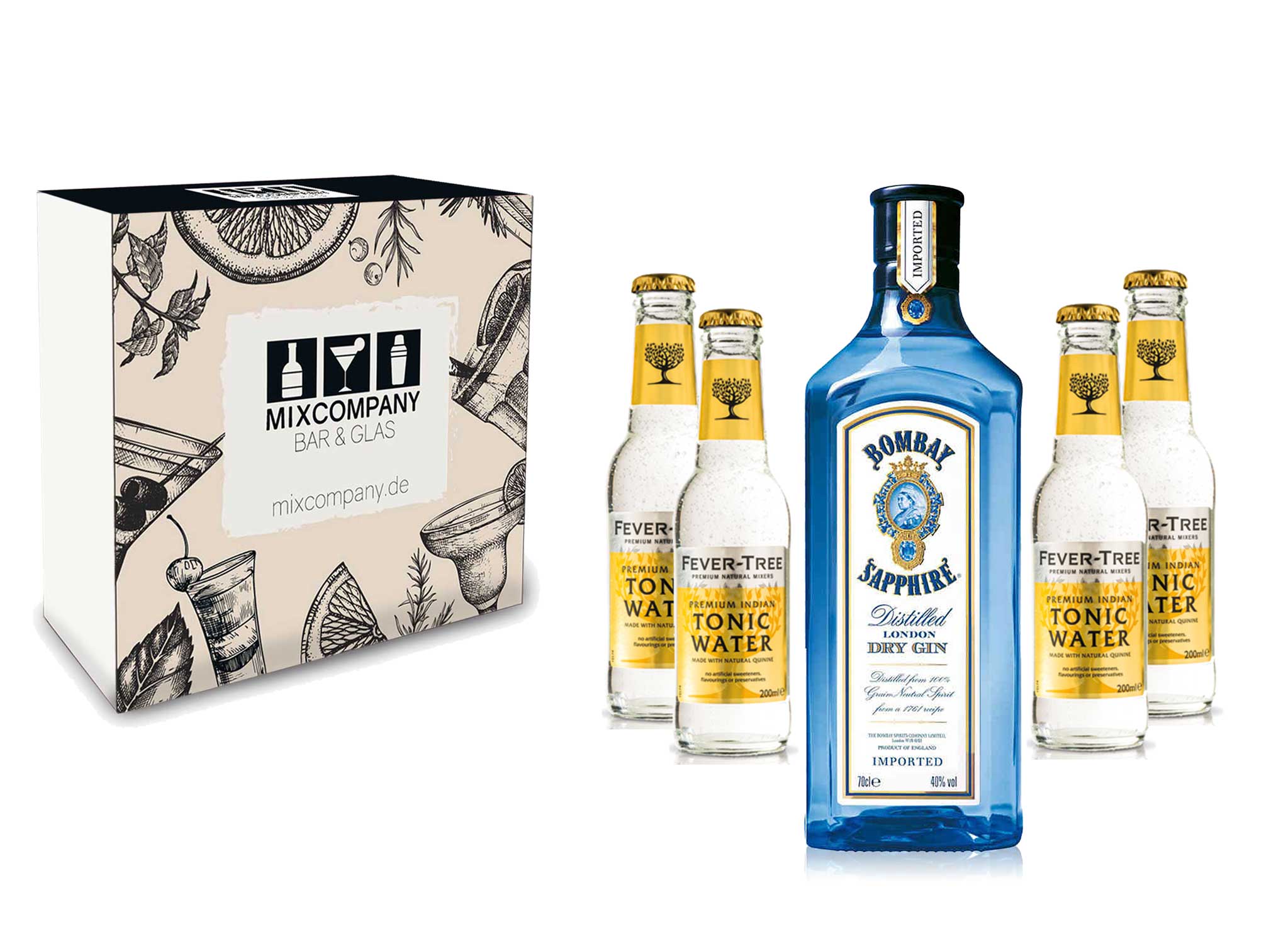 Gin Tonic Giftbox Geschenkset - Bombay Sapphire 0,7l 700ml (40% Vol) + 4x Fever Tree Tonic Water 200ml inkl. Pfand MEHRWEG + Geschenkverpackung