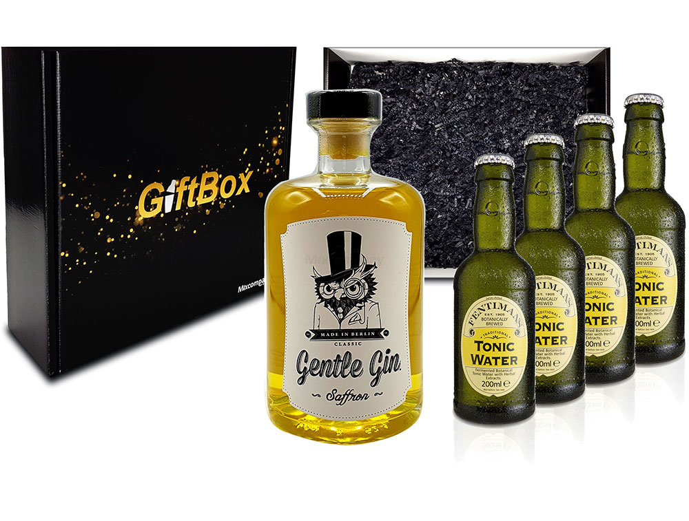 Mixcompany Giftbox - Gin Tonic Set Gin Tonic Set - Gentle Gin Saffron 0,5l (40% Vol) + 4x Fentimans Tonic Water 200ml inkl. Pfand MEHRWEG - in Geschenkverpackung- [Enthält Sulfite]