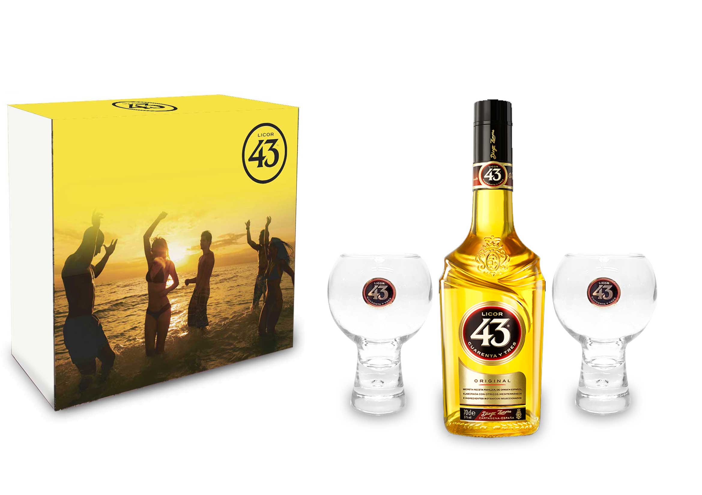 Licor 43 Schuber Geschenkbox Set / Geschenkset - Licor 43 Liqueur 0,7L (31% Vol) + 2x Gläser Likör Liquor 43er