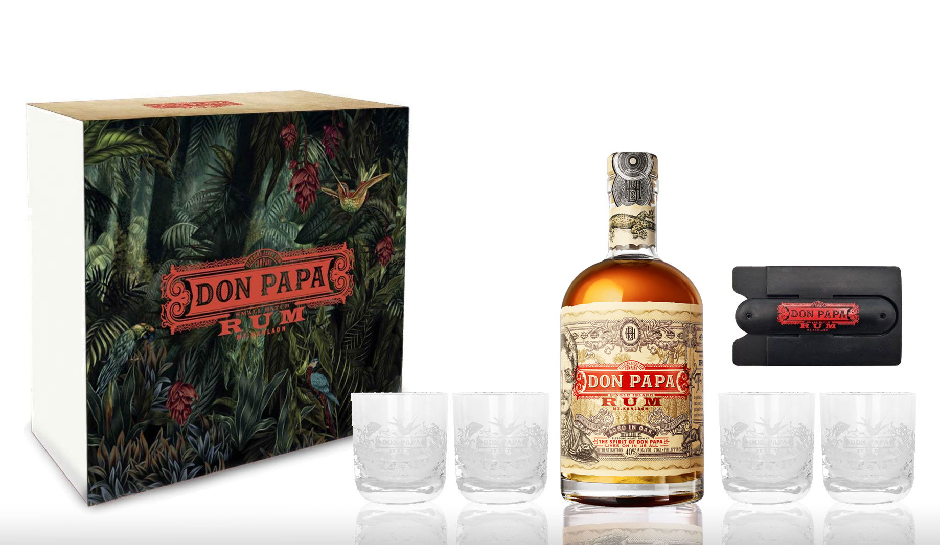 Don Papa Rum 7 Jahre 0,7l (40% Vol) + 4 Tumbler mit Geschenkverpackung Glas Gläser + Handy Karten Halterung zum aufkleben - [Enthält Sulfite]