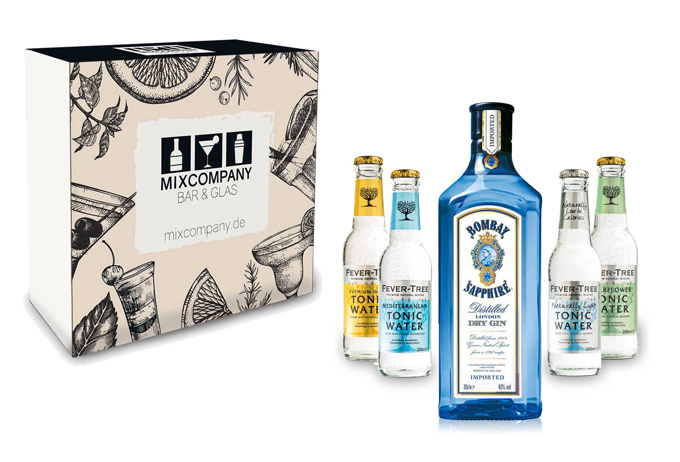 Gin Tonic Set Giftbox Geschenkset - Bombay Sapphire London Dry Gin 0,7l 700ml (40% Vol) + 4x Fever Tree Tonic Water Mix je 200ml inkl. Pfand MEHRWEG -[Enthält Sulfite]