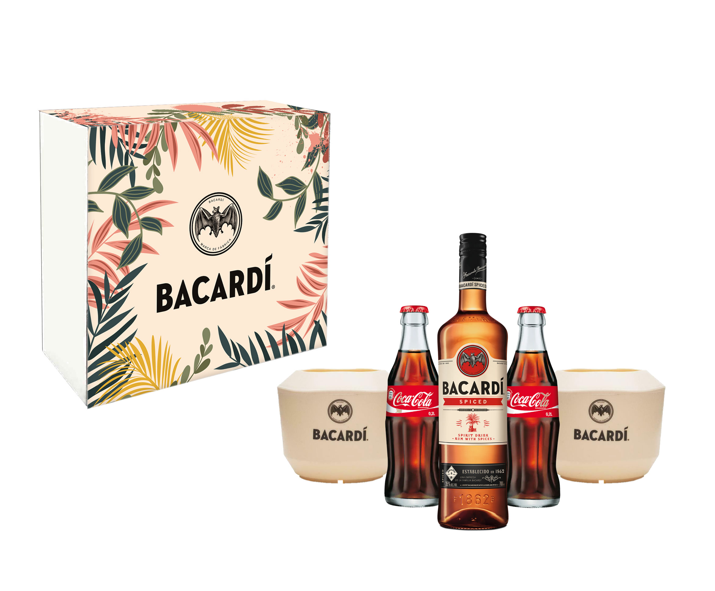 Bacardi Schuber Geschenkset - Bacardi Oakheart Spiced Rum 0,7l 700ml (35% Vol) + 2x Kokos Becher Kunststoff Coconut Cups + 2x Coca Cola je 0,2L - Inkl. Pfand MEHRWEG